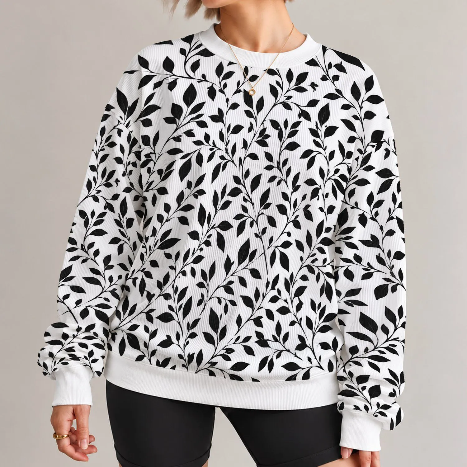 Black Vine and Leaf Motif for Relaxed Days and Travel, Botanical Style All-over Print Knitted Sweater - 1