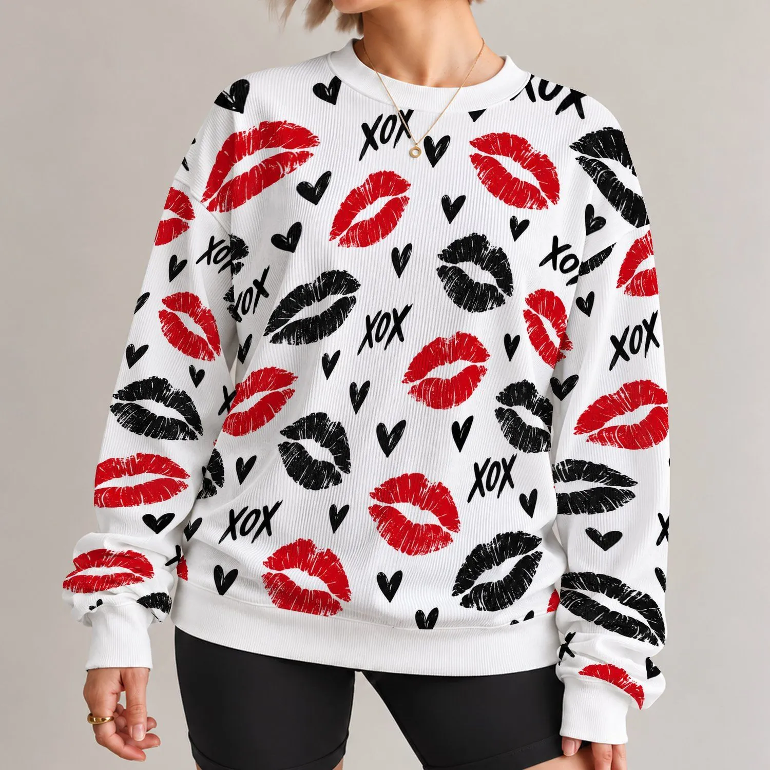 Red And Black Lipstick Kisses With Hearts For Playful Everyday Outings All-over Print Knitted Sweater - 1