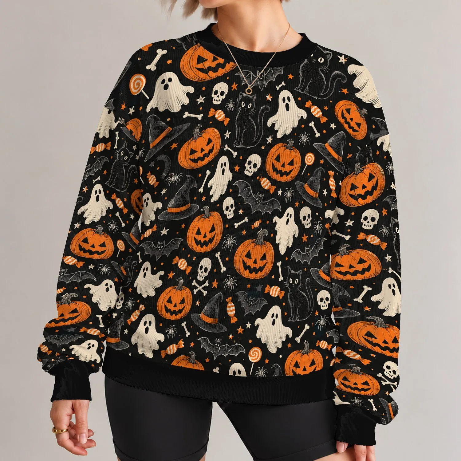 Halloween Ghosts, Pumpkins and Witch Hats for Spooky Fall Parties and Casual Wear All-over Print Knitted Sweater - 1