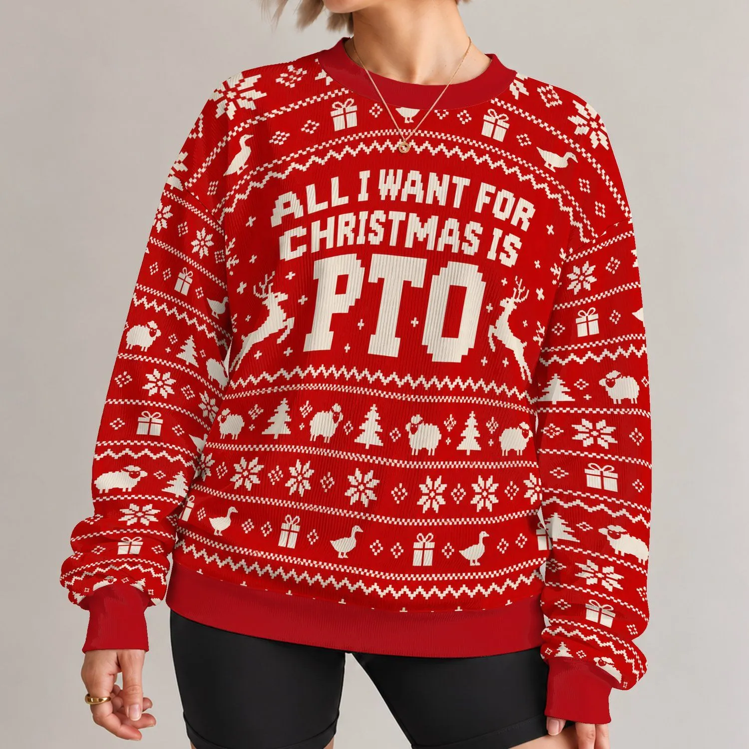 Christmas PTO Holiday Saying With Snowflakes And Festive Woodland Motifs For Relaxed Wear All-over Print Knitted Sweater - 1