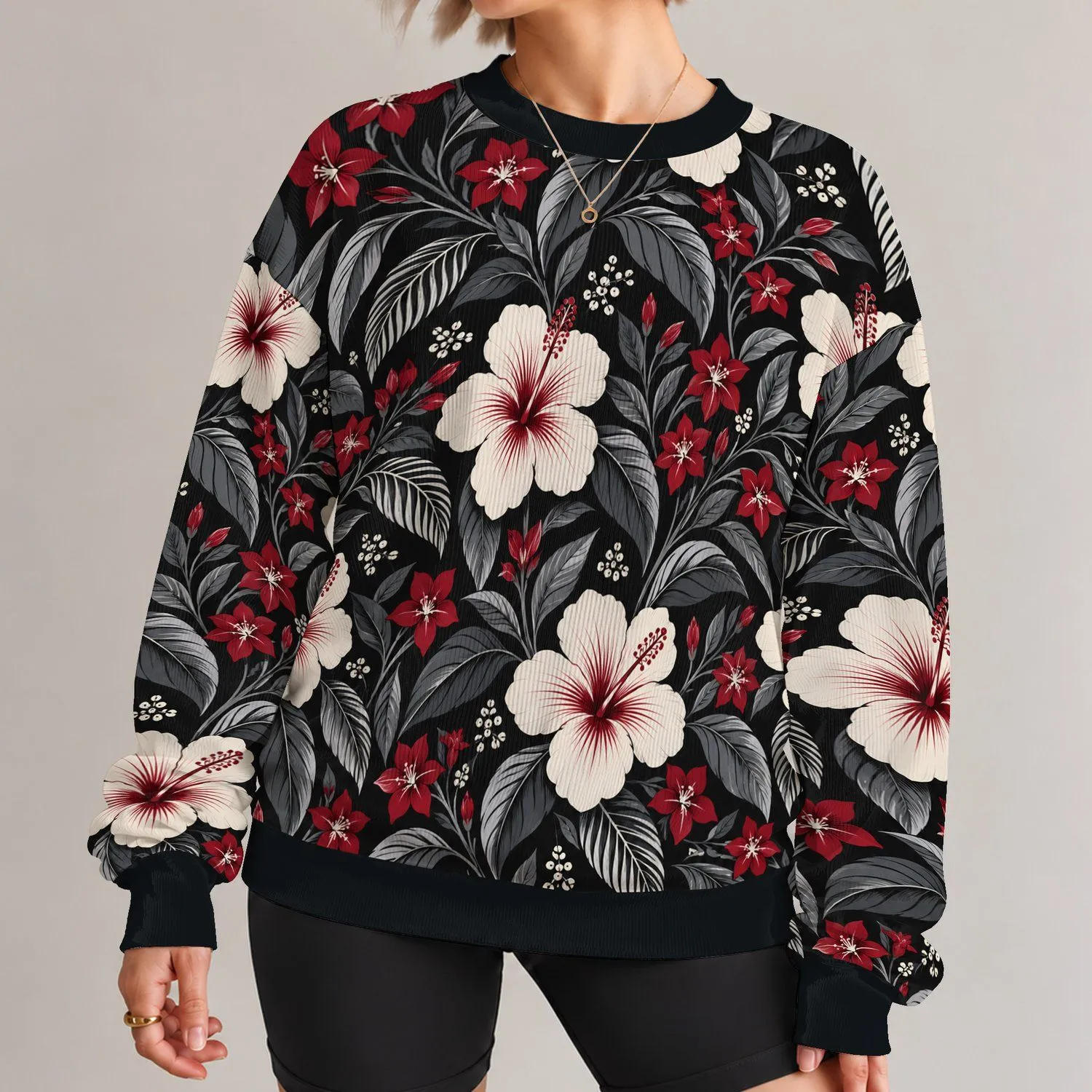 Cream Hibiscus and Charcoal Foliage for Bold Everyday Commuter Style for Modern Men All-over Print Knitted Sweater - 1