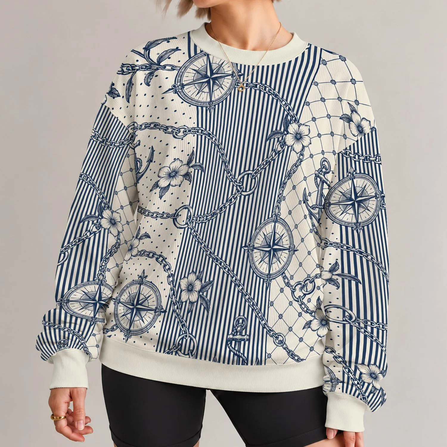 Nautical Chain And Compass Motifs For Coastal Getaways And Everyday Seaside Style All-over Print Knitted Sweater - 1