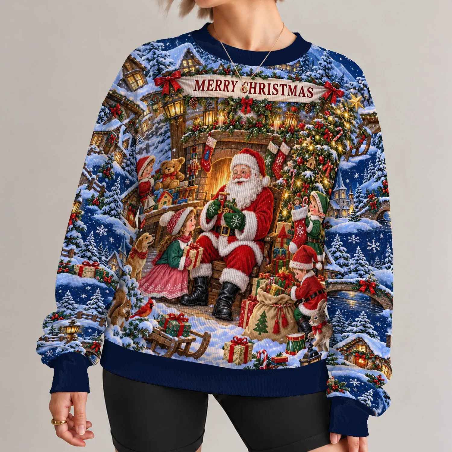Christmas Eve Workshop Scene for Holiday Celebrations and Cozy Winter Cheer All-over Print Knitted Sweater - 1