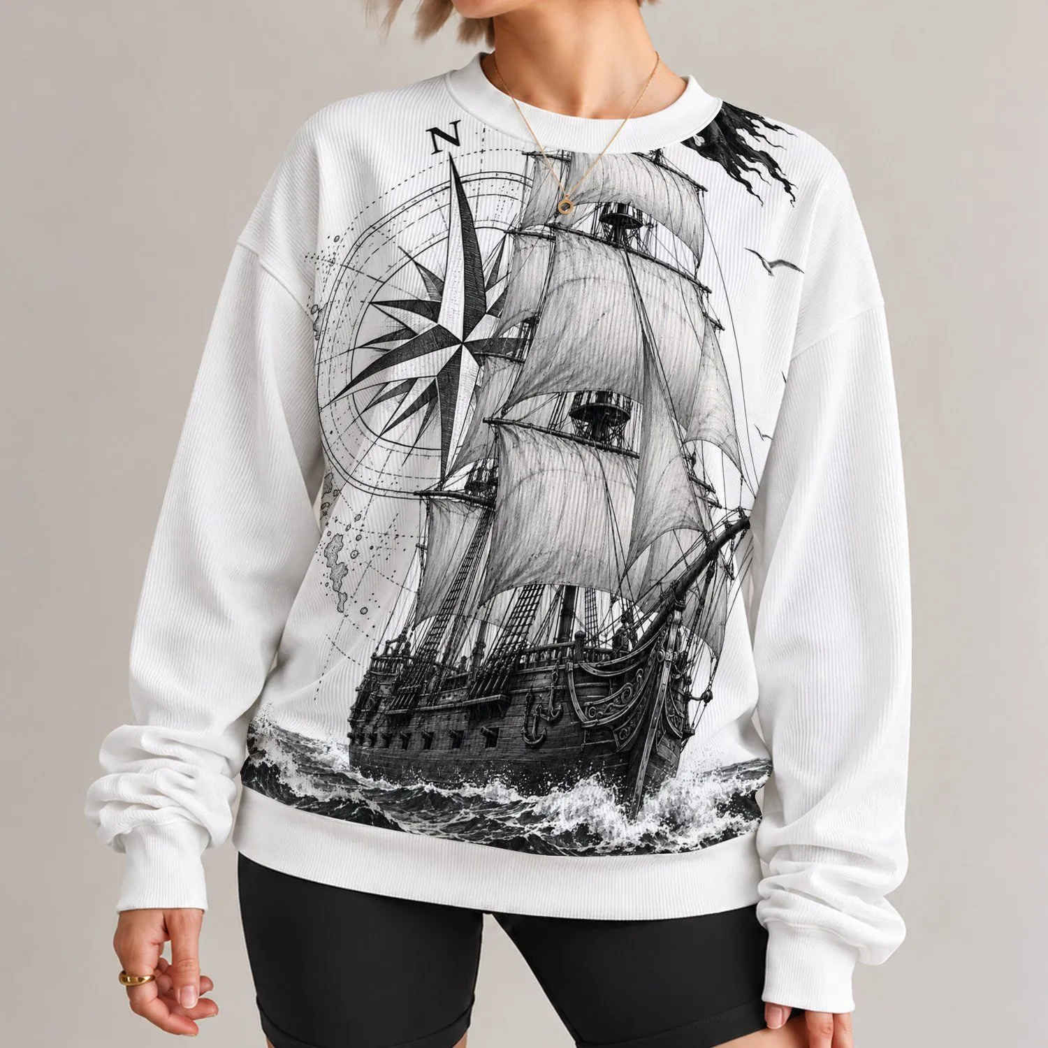 Nautical Tall Ship and Compass for Coastal Sailing Days and Harbor Adventures for Men All-over Print Knitted Sweater - 1