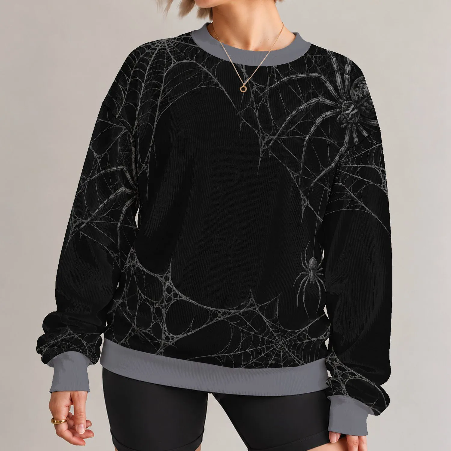 Monochrome Spiderwebs And Crawling Spiders For Halloween Night Streetwear Style All-over Print Knitted Sweater - 1