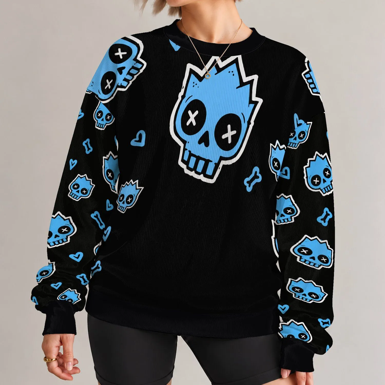 Blue Cartoon Skull Streetwear for Alternative Autumn Outfits and Everyday Dark Style All-over Print Knitted Sweater - 1