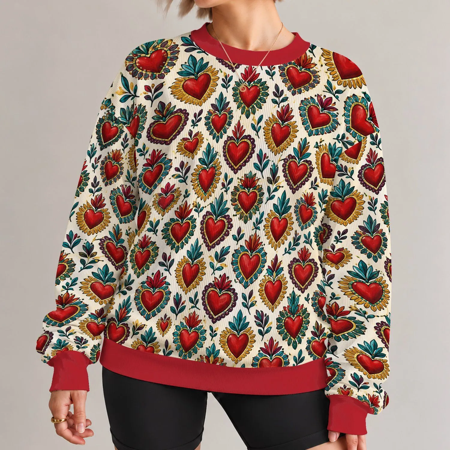 Ornate Red Hearts for Everyday Romance, Creative Outings and Bohemian Style Wear All-over Print Knitted Sweater - 1