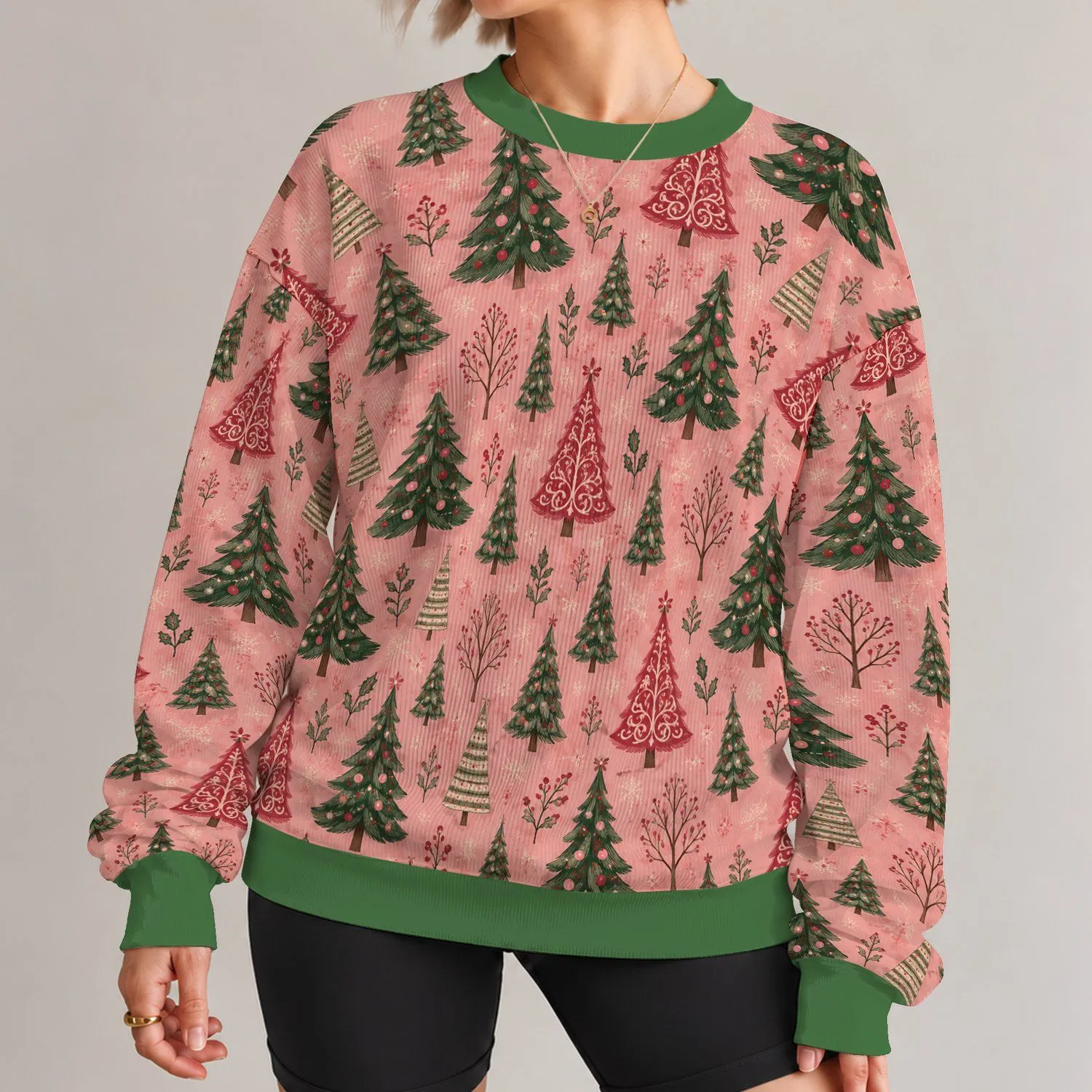 Pink Christmas Trees and Folk Ornaments for Cozy Holiday Celebrations for Women All-over Print Knitted Sweater - 1