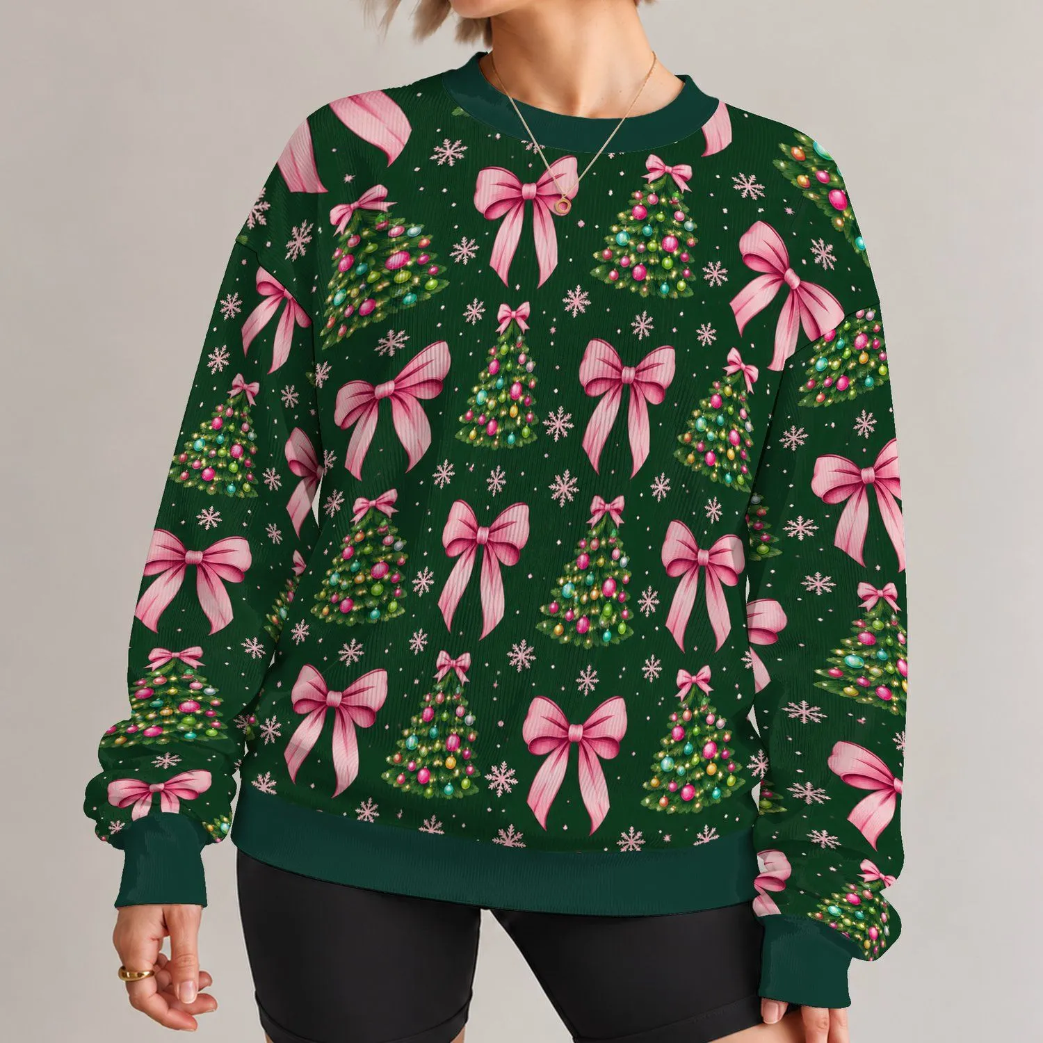 Pink Bow Christmas Trees for Festive Holiday Celebrations and Cute Seasonal Style All-over Print Knitted Sweater - 1