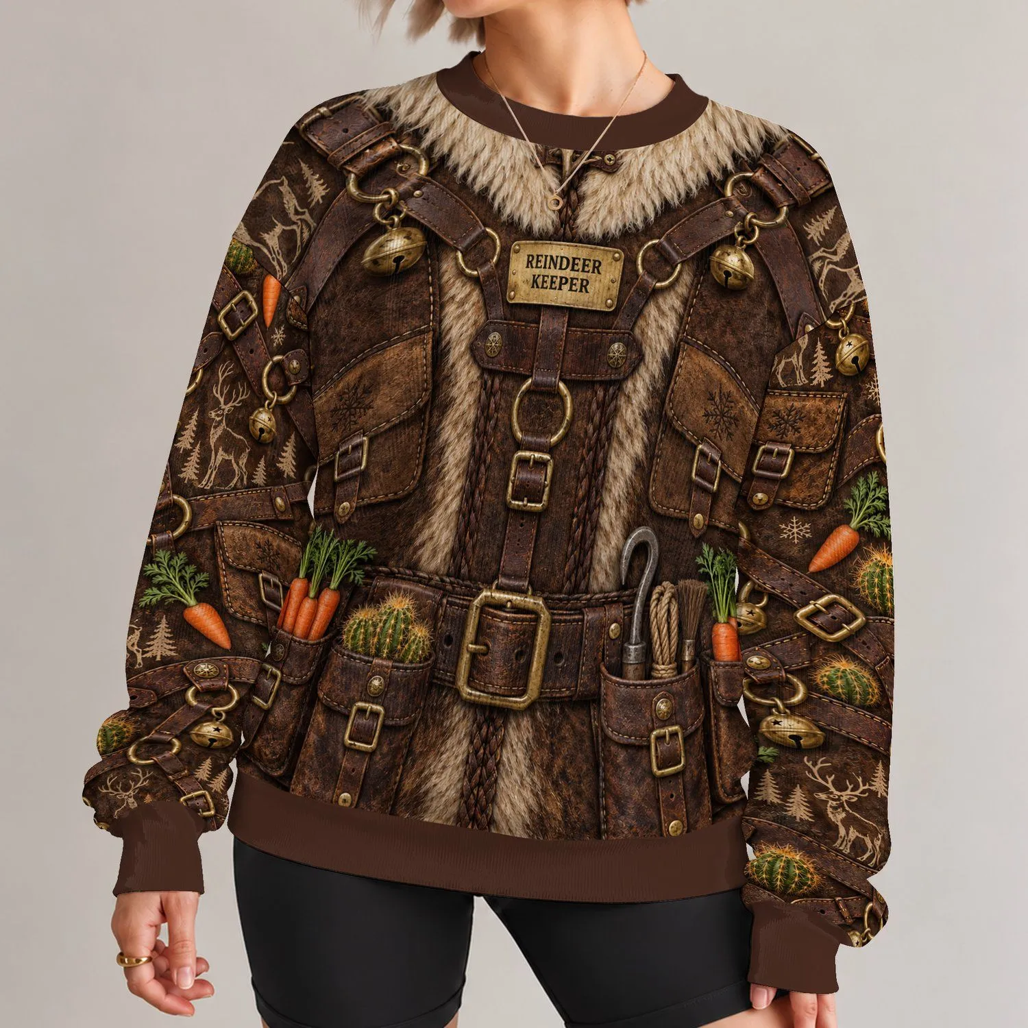 Funny Reindeer Keeper Rancher Outfit for Rustic Christmas Parties and Holiday Gifting All-over Print Knitted Sweater - 1