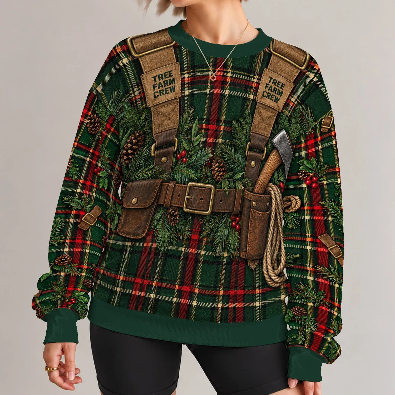 Plaid Tree Farm Lumberjack Outfit for Christmas Tree Hunting and Family Holiday Photos All-over Print Knitted Sweater - 1