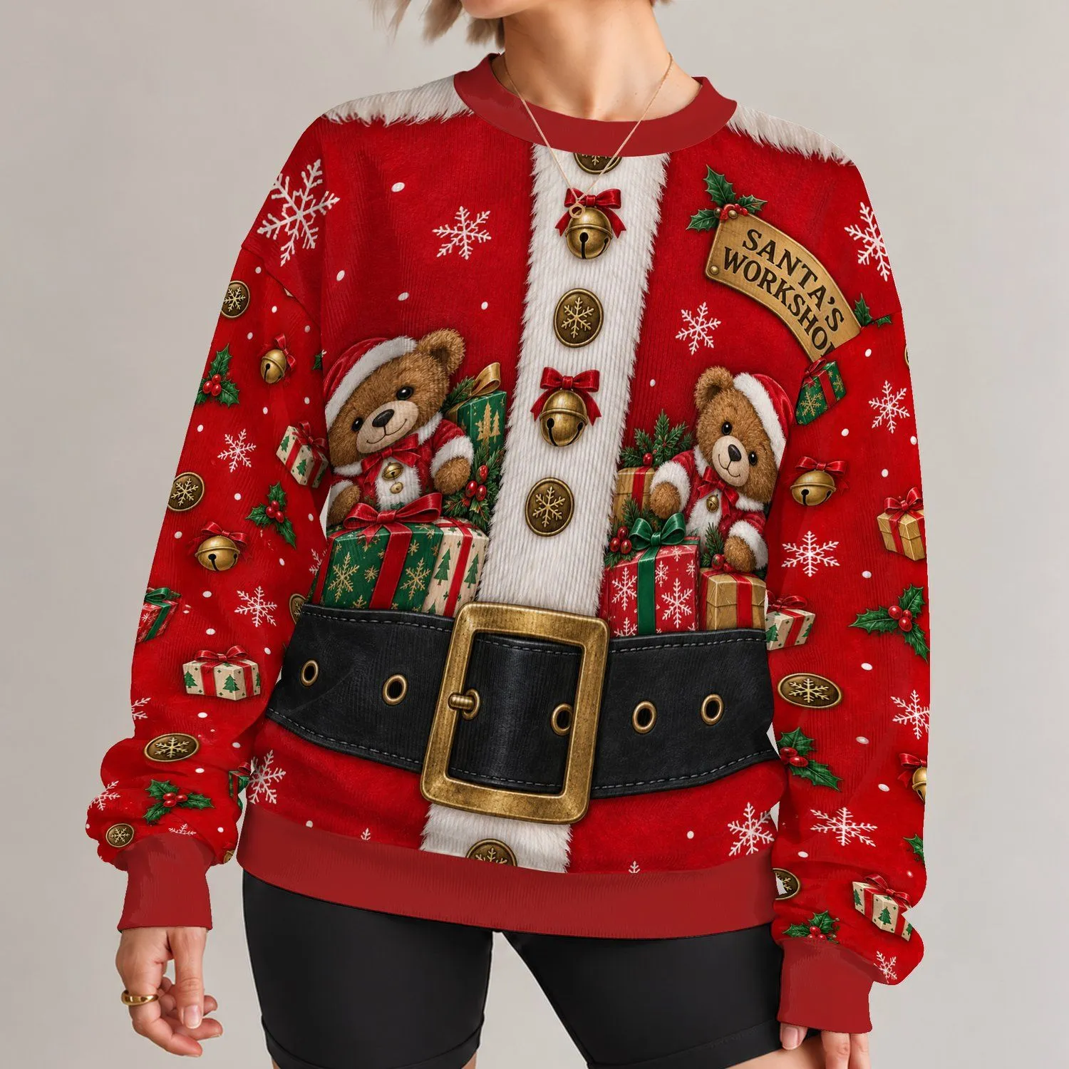 Santa Workshop Teddy Bear Holiday Outfit For Festive Christmas Family Celebrations All-over Print Knitted Sweater - 1