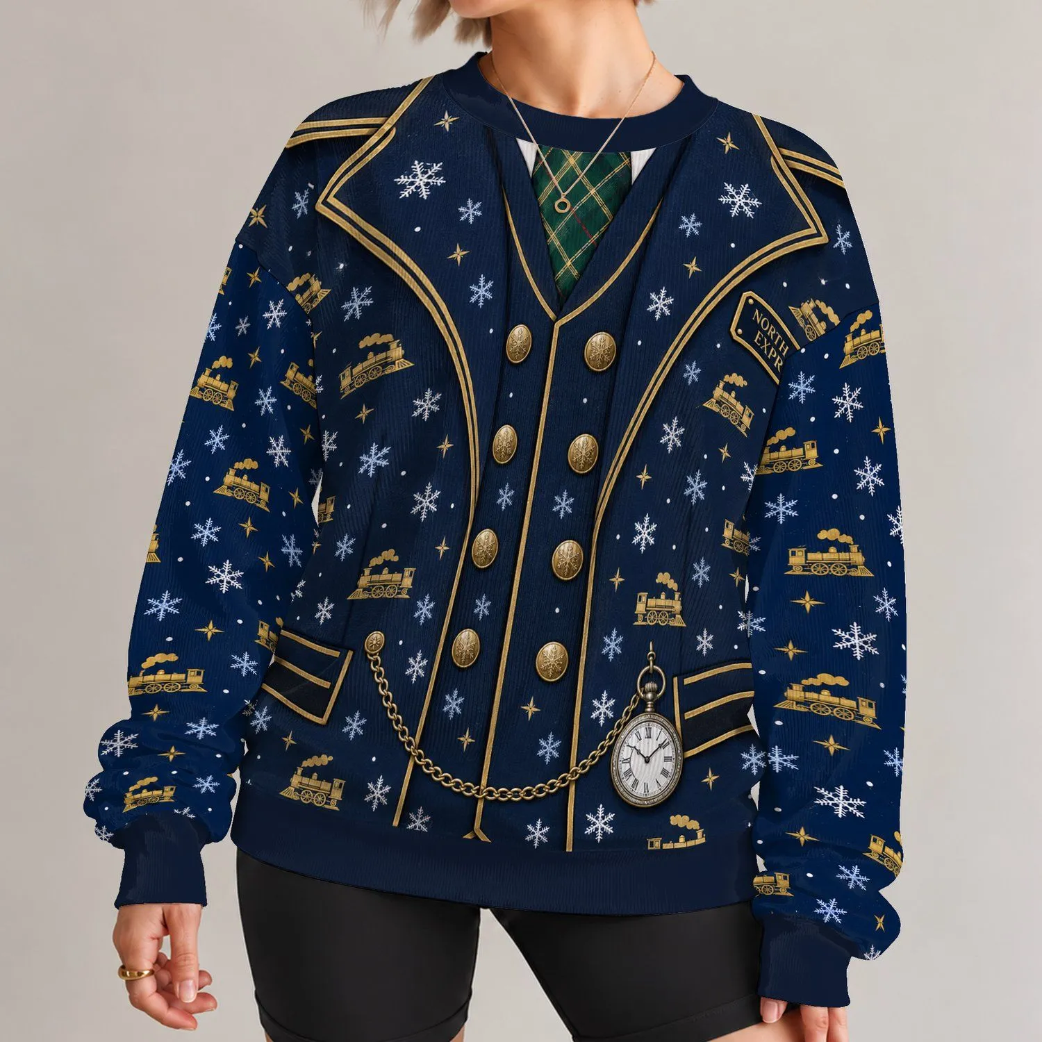 Holiday Train Conductor Uniform for Christmas Parties and Festive Seasonal Celebrations All-over Print Knitted Sweater - 1