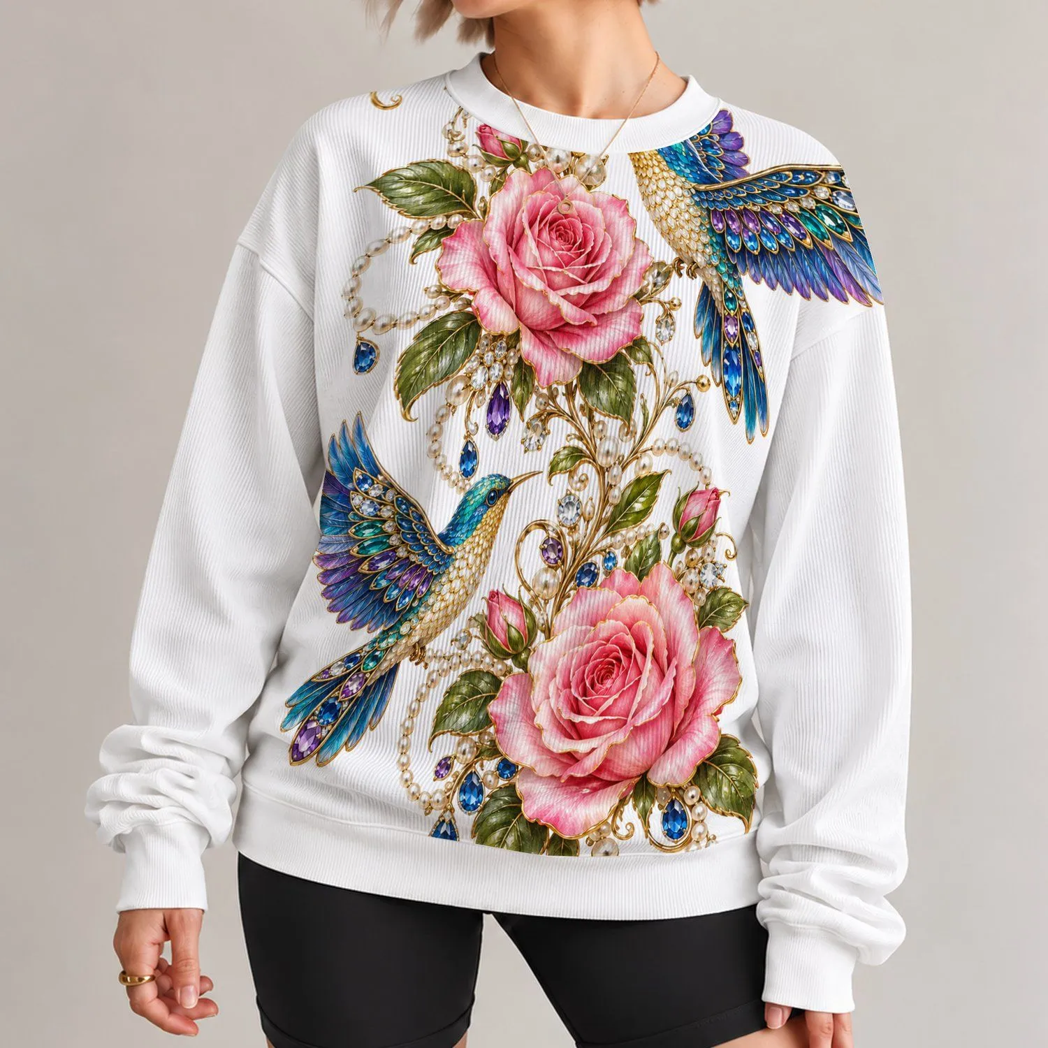 Jeweled Parrots And Pink Roses For Elegant Nature Inspired Everyday Wear All-over Print Knitted Sweater - 1