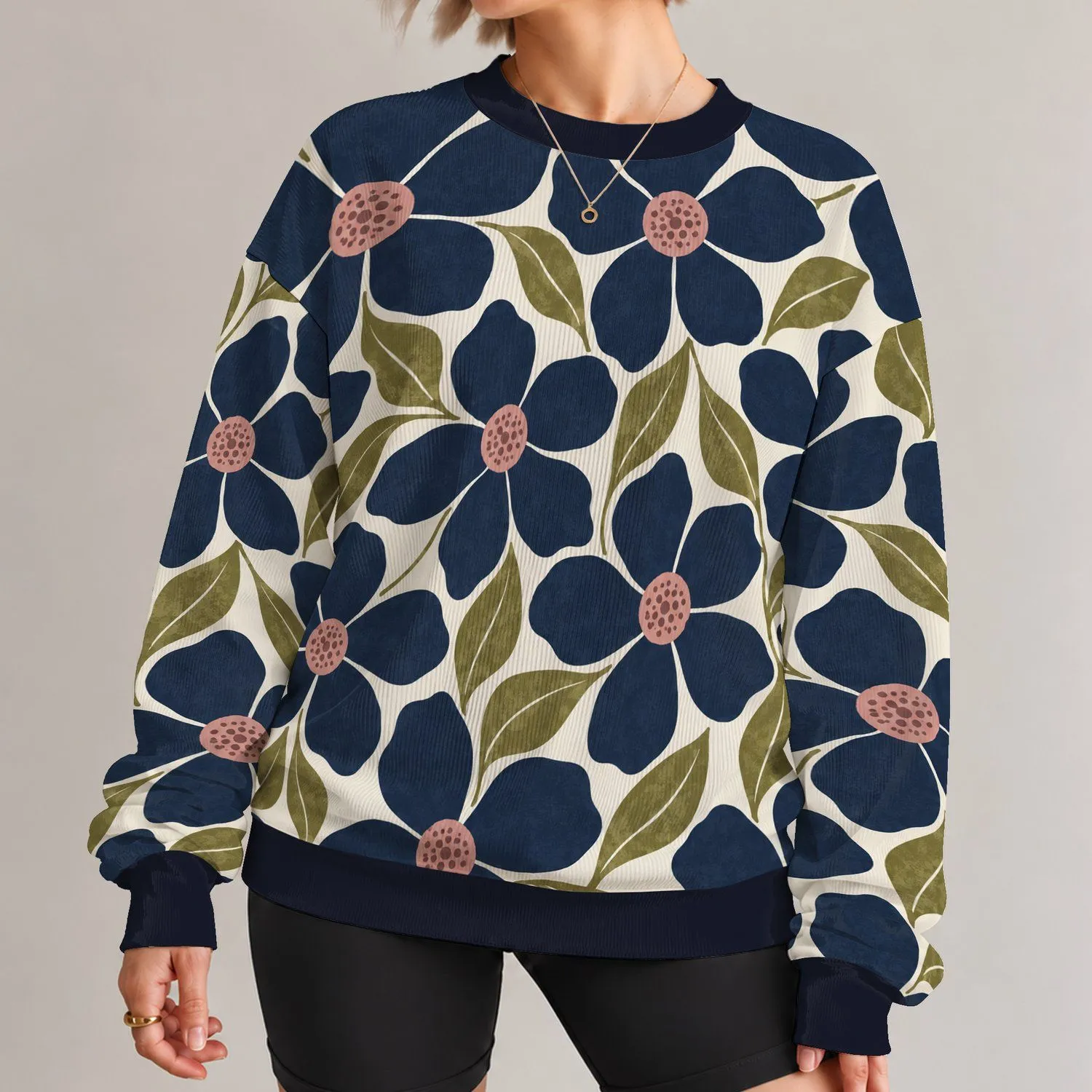 Navy Floral and Olive Leaf Motif for Everyday Vintage Style and Spring Outings All-over Print Knitted Sweater - 1