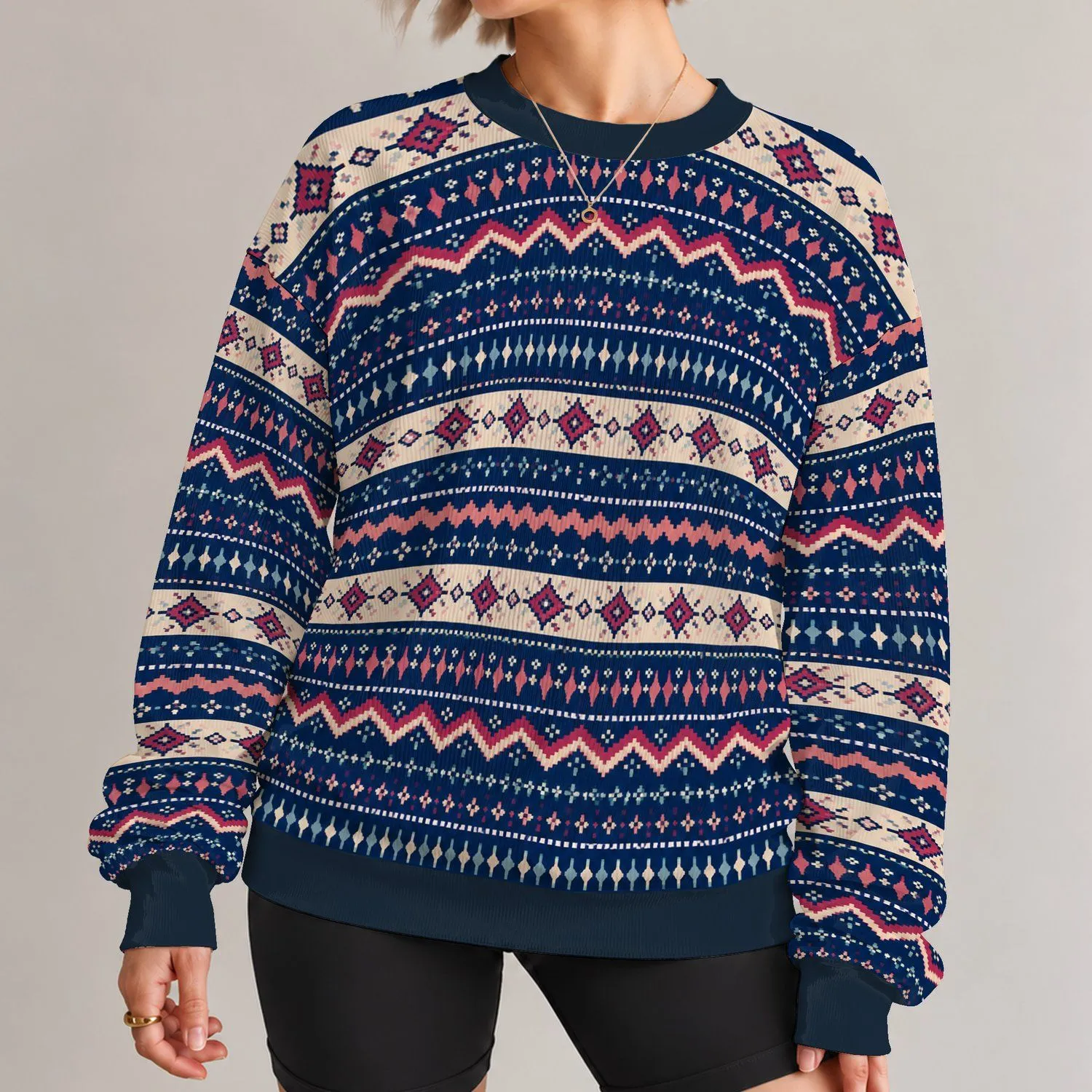 Retro Nordic Fair Isle Geometric Motifs for Cozy Winter Weekends and Everyday Wear All-over Print Knitted Sweater - 1