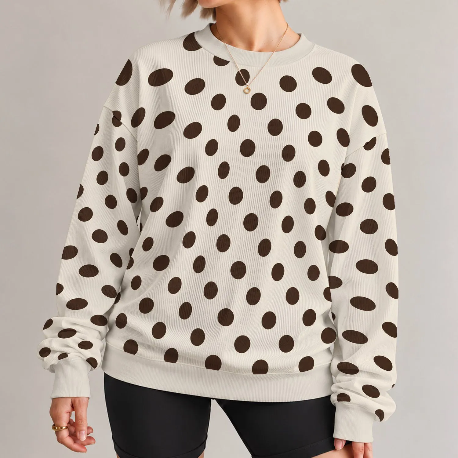 Classic Dark Brown Polka Dots on Warm Ivory for Chic Everyday Wear and Brunch Outings All-over Print Knitted Sweater - 1