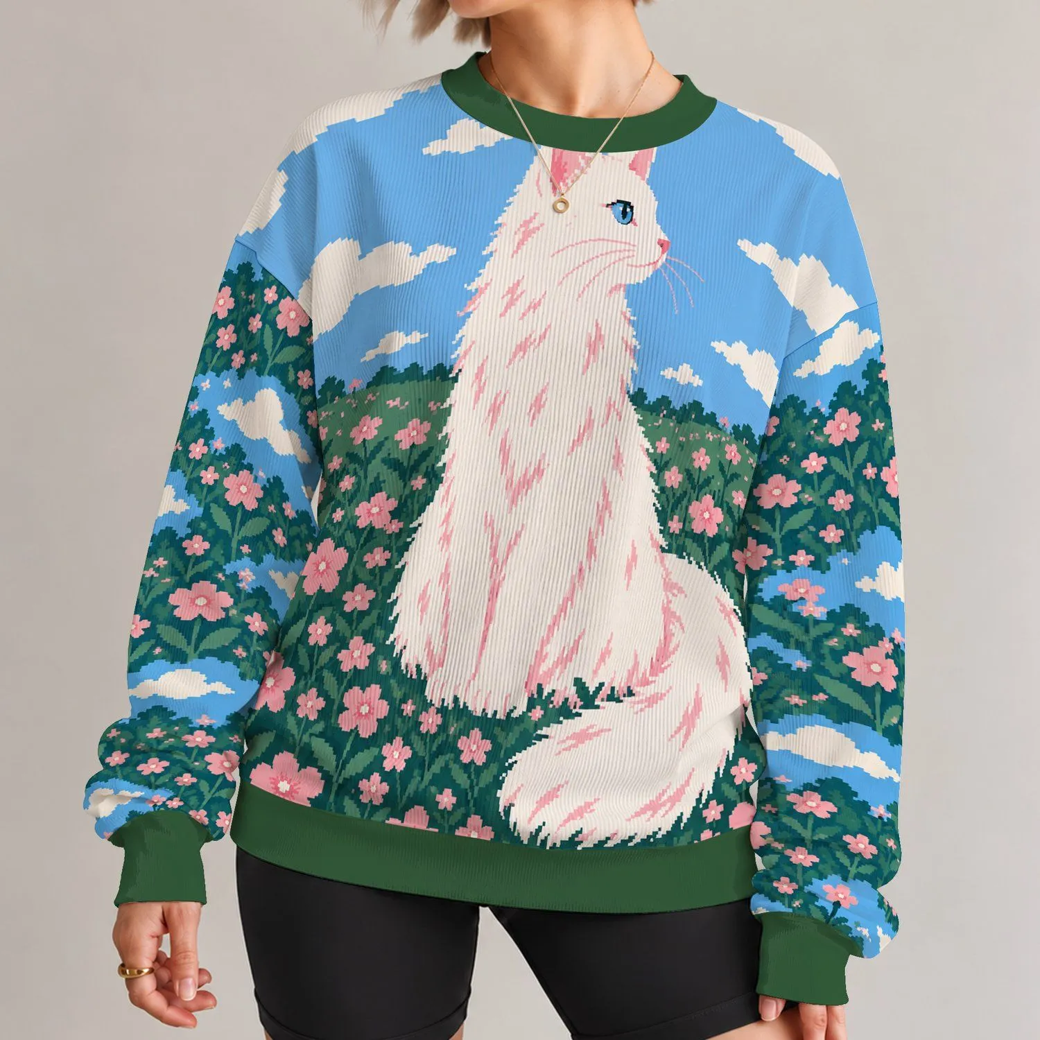 White Cat in a Wildflower Meadow for Cozy Cottagecore Days and Relaxed Nature Lovers All-over Print Knitted Sweater - 1