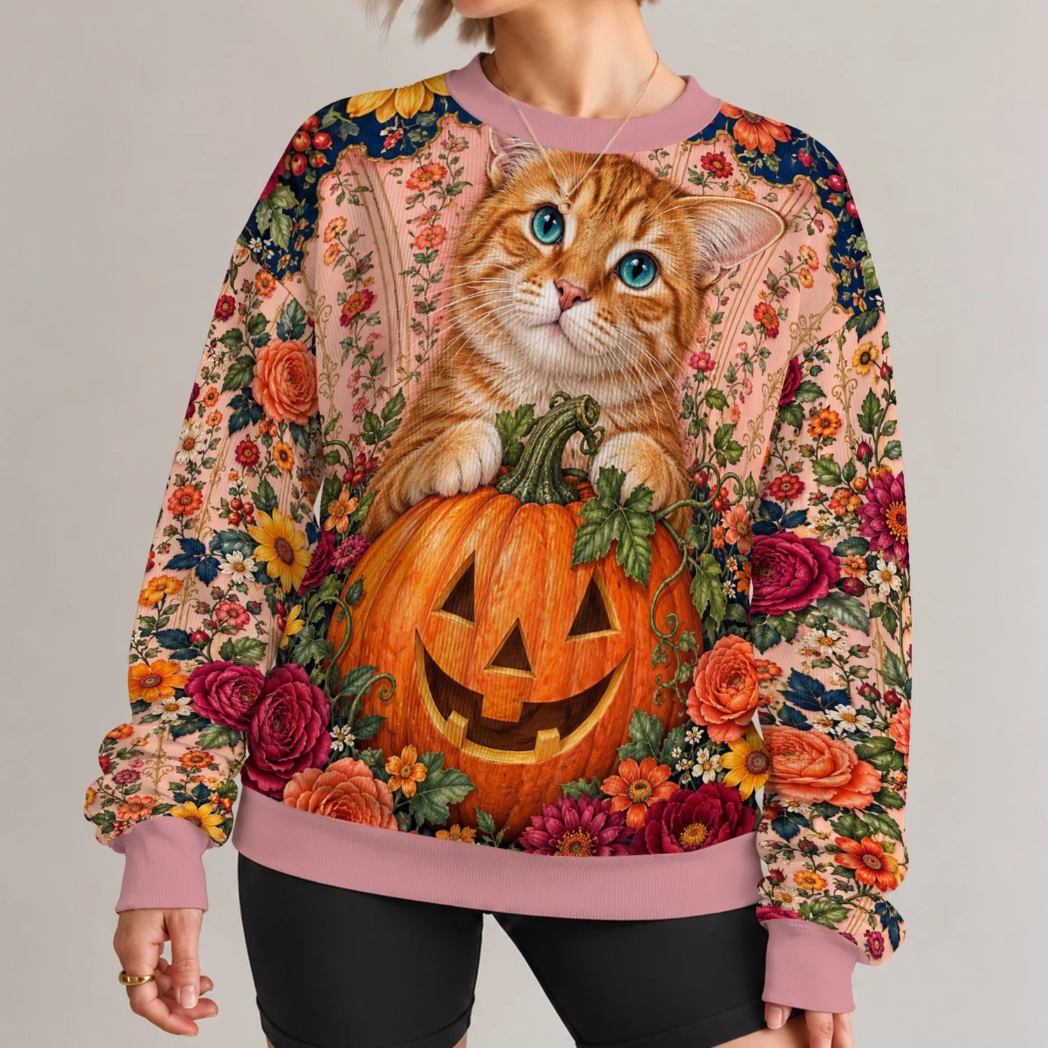 Orange Cat And Pumpkin With Autumn Blooms For Cozy Fall Gatherings And Seasonal Style All-over Print Knitted Sweater - 1