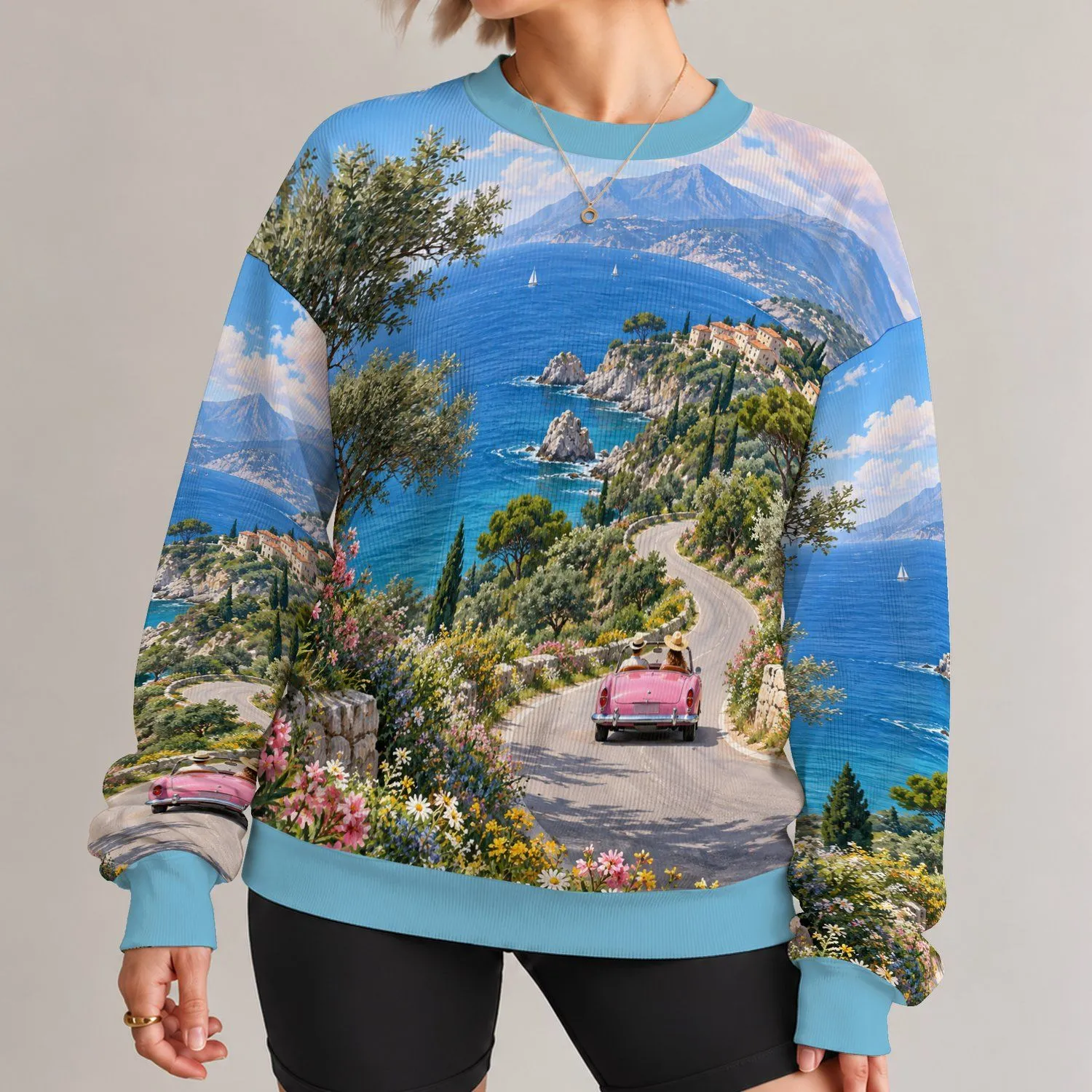 Coastal Road and Wildflower Landscape for Scenic Weekend Getaways and Travel Lovers All-over Print Knitted Sweater - 1