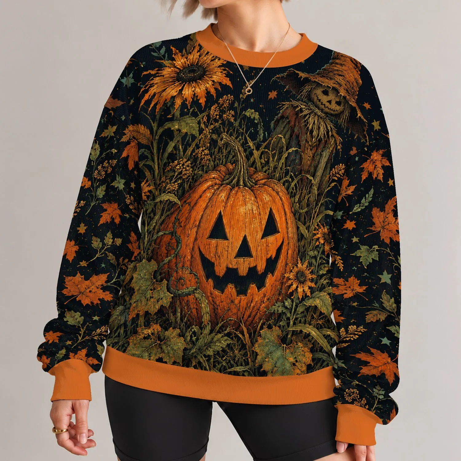 Jack O Lantern Harvest Scene for Halloween Parties and Autumn Outings All-over Print Knitted Sweater - 1