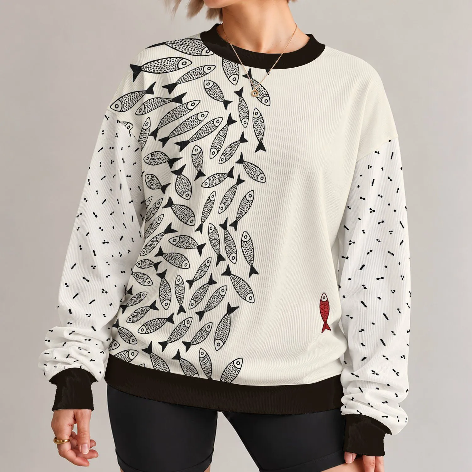 Ivory Fish Motif With Crimson Accent For Relaxed Coastal Everyday Style All-over Print Knitted Sweater - 1