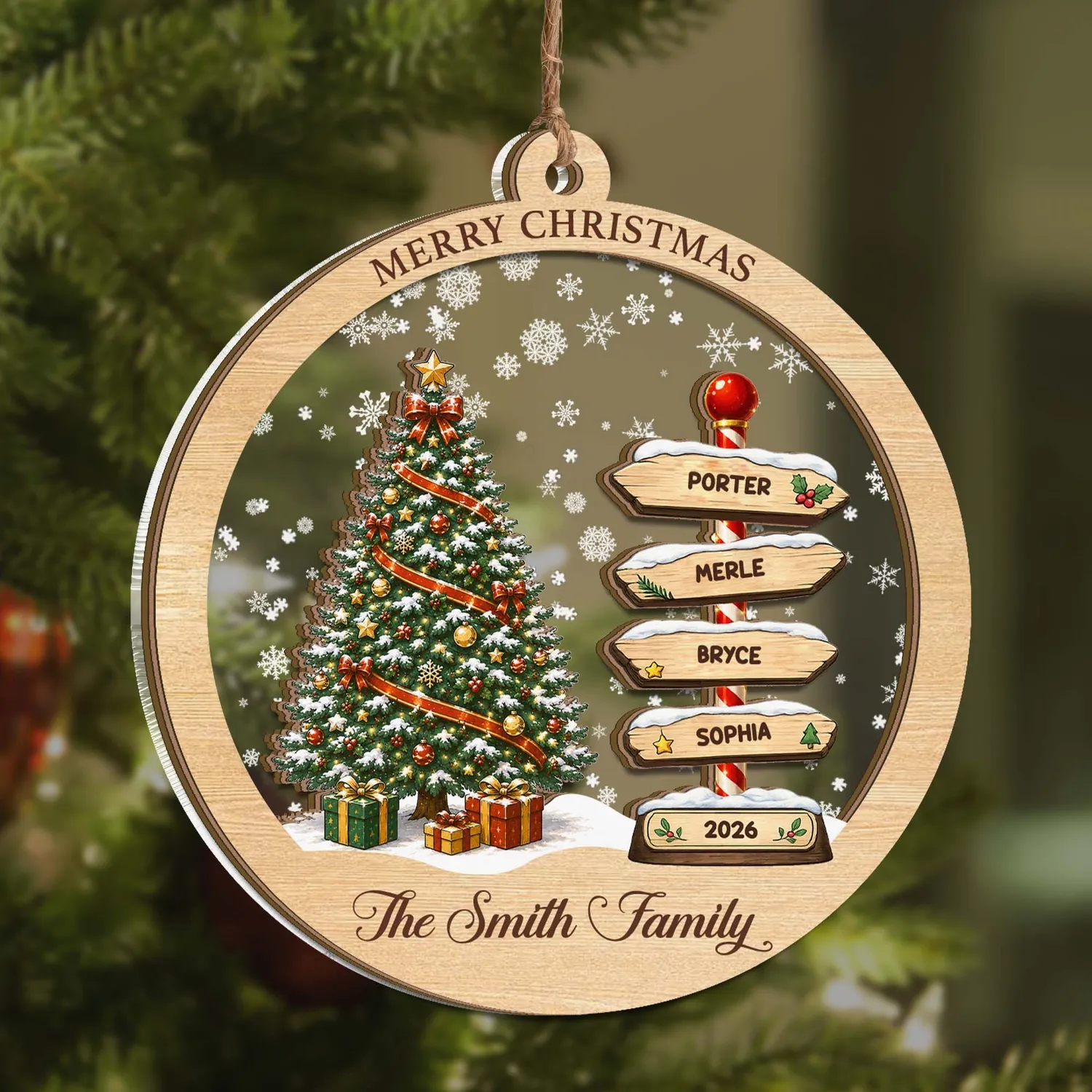 Personalized Family Name Sign Ornament – Custom North Pole Signpost & Year, Wood Acrylic Christmas Gift - 1