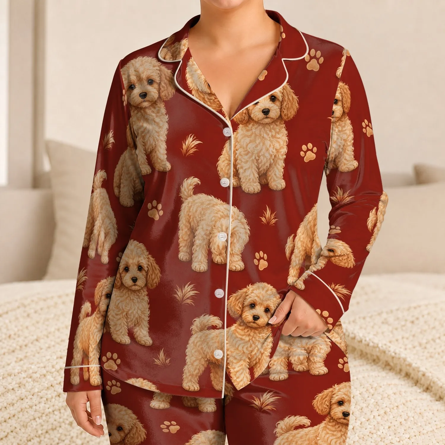 Vintage Rust Red Poodle Sleep Set for Cozy Lounging, Holiday Gifting, Women At Home Satin Pajamas Set - 1