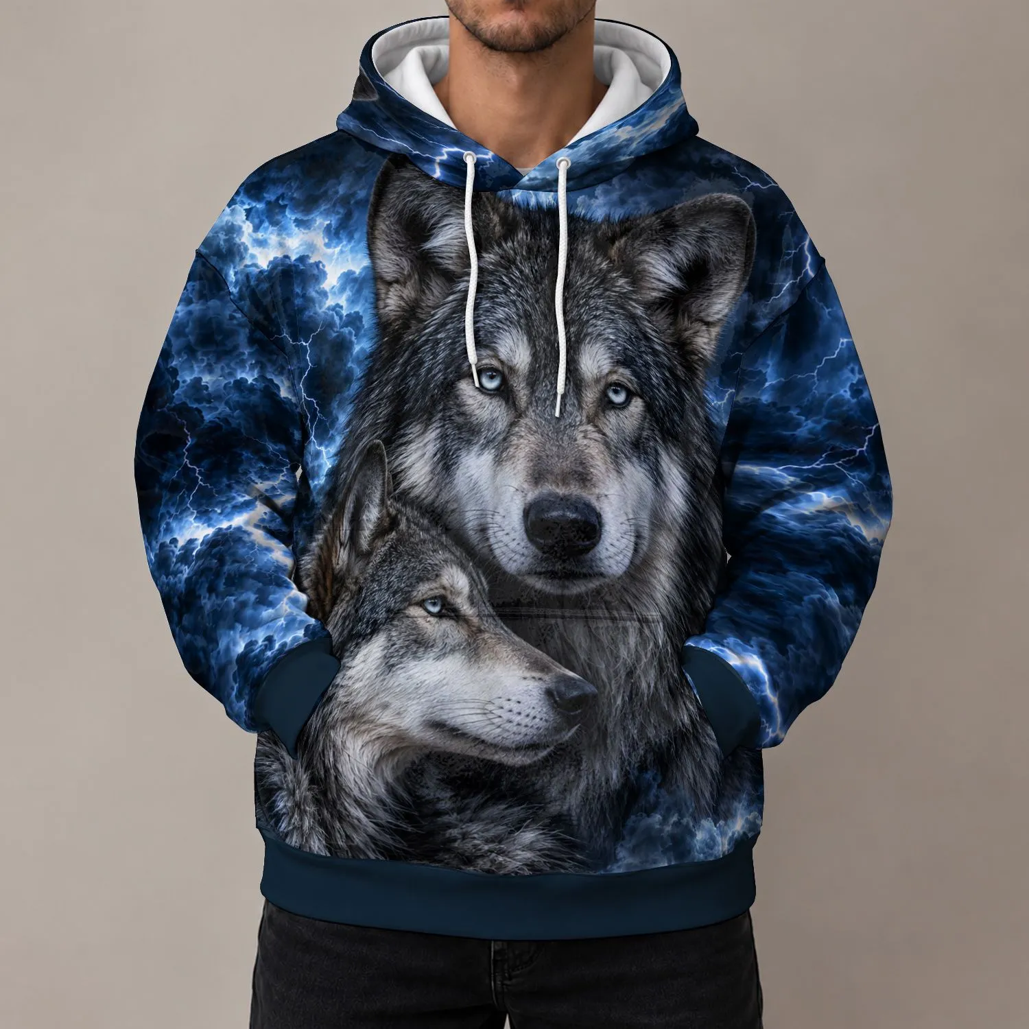 Twin Wolf Storm Scene for Wilderness Weekends and Everyday Outdoor Adventures All-over Print Hoodie (Lightweight) - 1