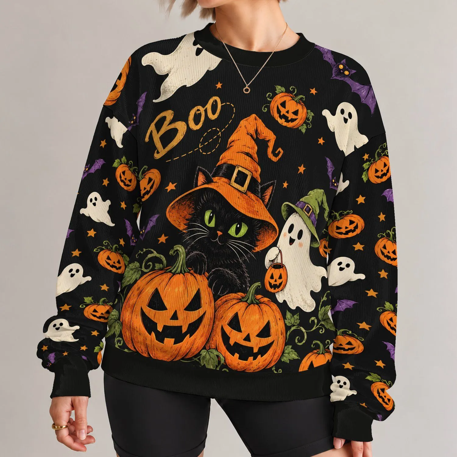 Pumpkin Cat And Ghost Halloween Scene For Spooky Season Celebrations All-over Print Knitted Sweater - 1