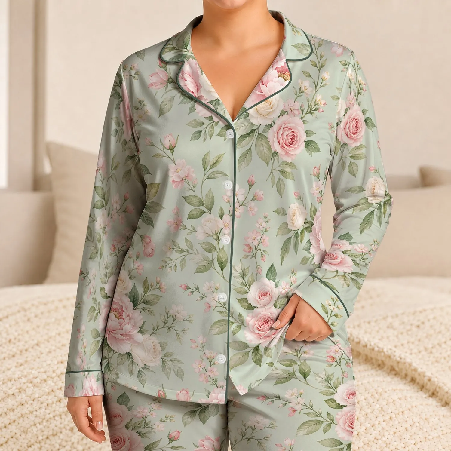 Soft Mint Sage Peony Blooms for Bridal Showers, Sleepovers and Everyday Relaxing Nights Satin Pajamas Set - 1
