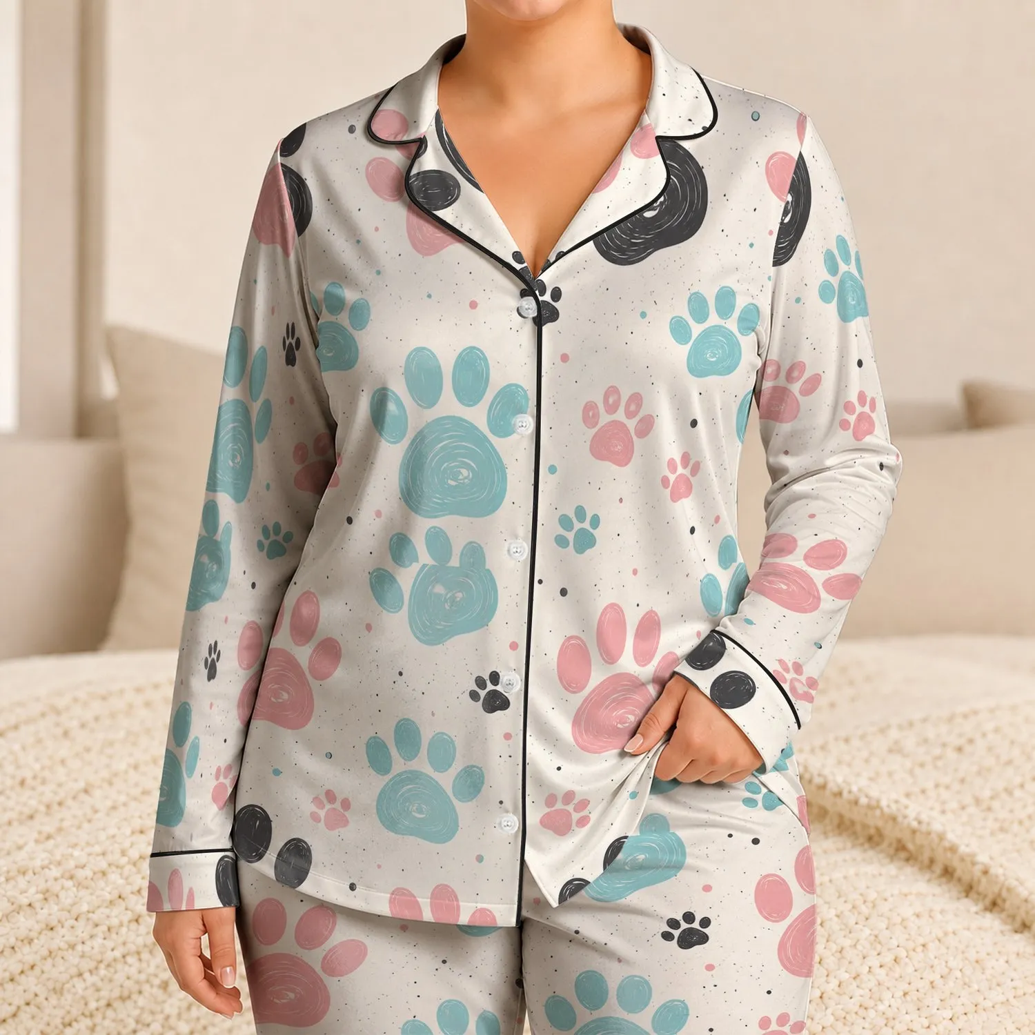 Playful Paw Motif For Spring Summer Cozy Womens Gift For Everyday Home Lounging Wear Satin Pajamas Set - 1