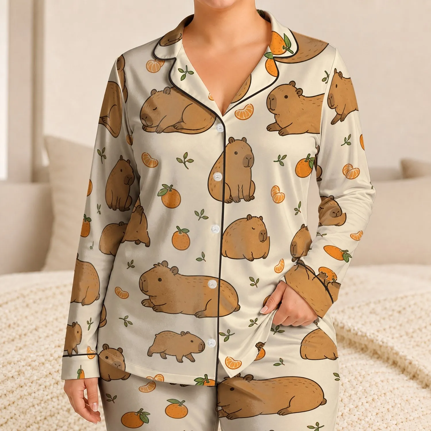 Cute Capybara And Citrus Bedtime Set For Cozy Summer Nights For Girls And Little Ones Satin Pajamas Set - 1