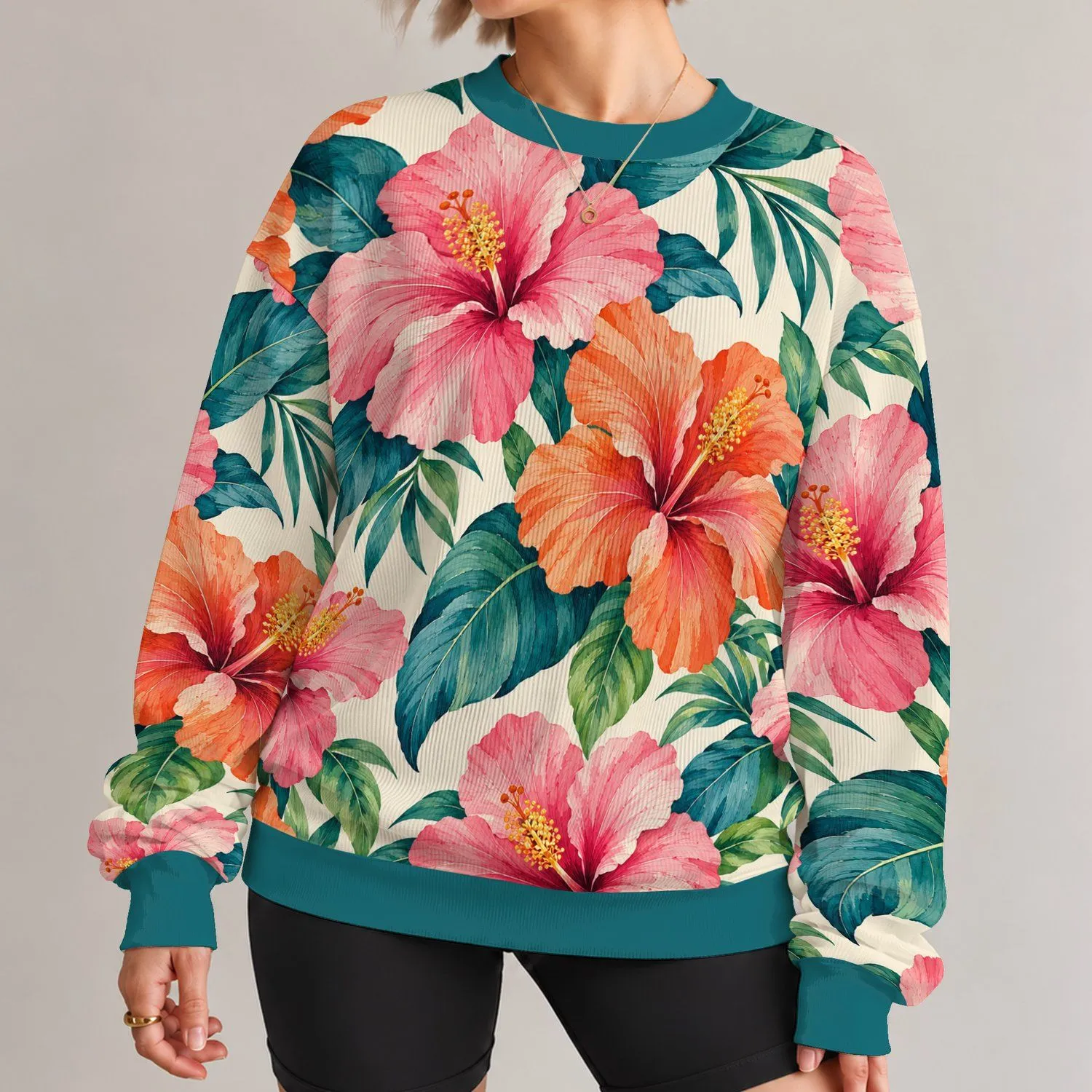 Tropical Hibiscus Blooms for Sunny Getaways and Colorful Everyday Style for Her All-over Print Knitted Sweater - 1