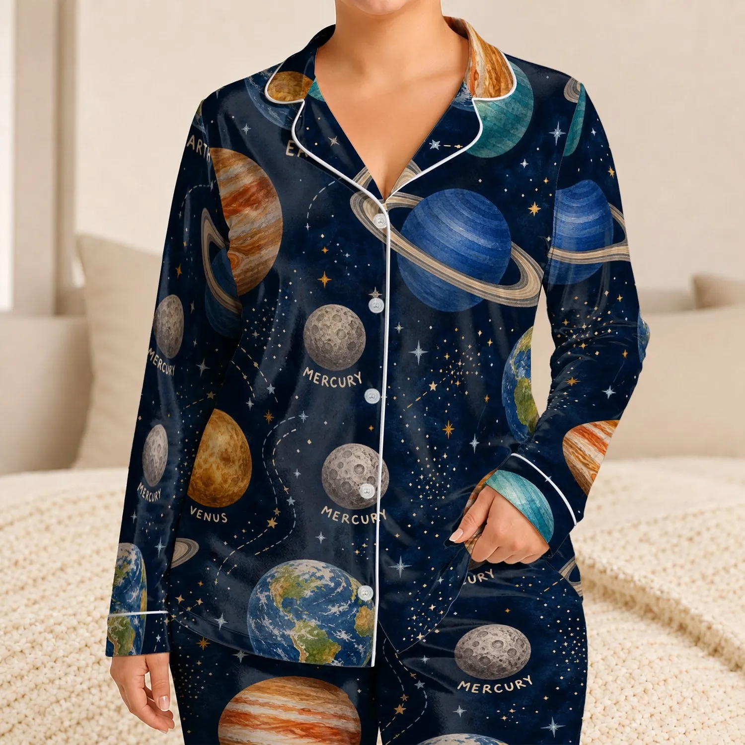 Vintage Space Planets for Cozy Bedtime Gifting, Kids Ages 2-11, Outer Space Fun, For Boys Satin Pajamas Set - 1