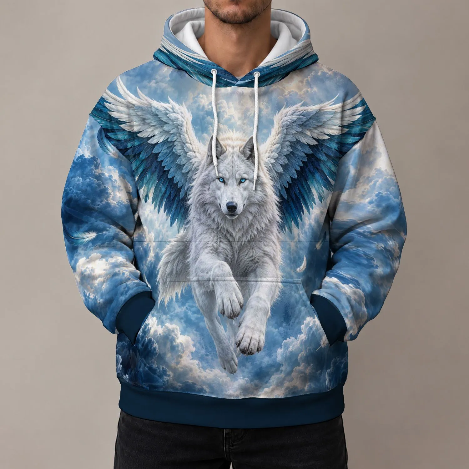 Flying White Wolf with Teal Wings for Outdoor Adventure and Everyday Fantasy Fans All-over Print Hoodie (Lightweight) - 1
