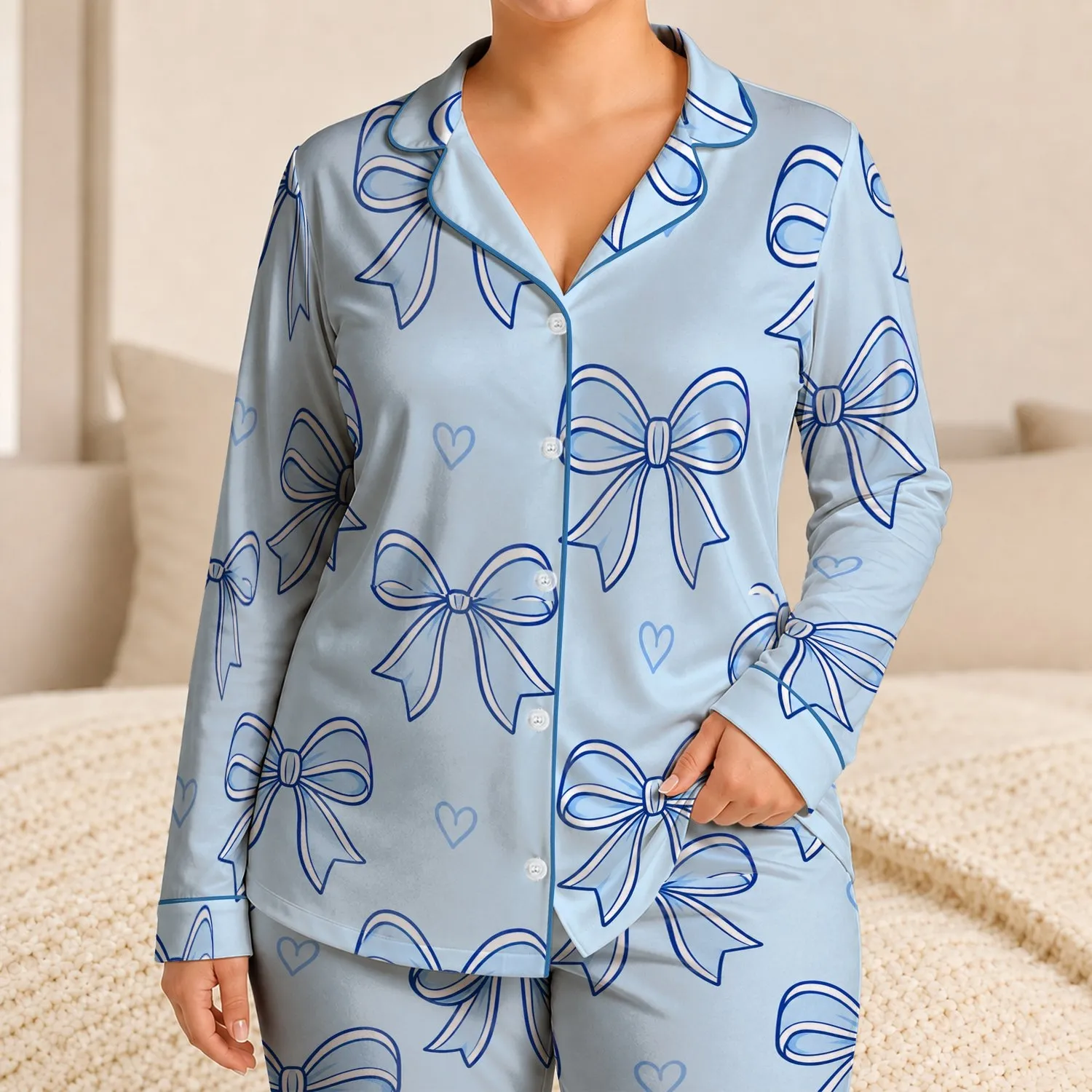 Valentine Bow Sleepwear For Cozy Date Nights, Romantic Gift For Her, Soft Blue Look Satin Pajamas Set - 1