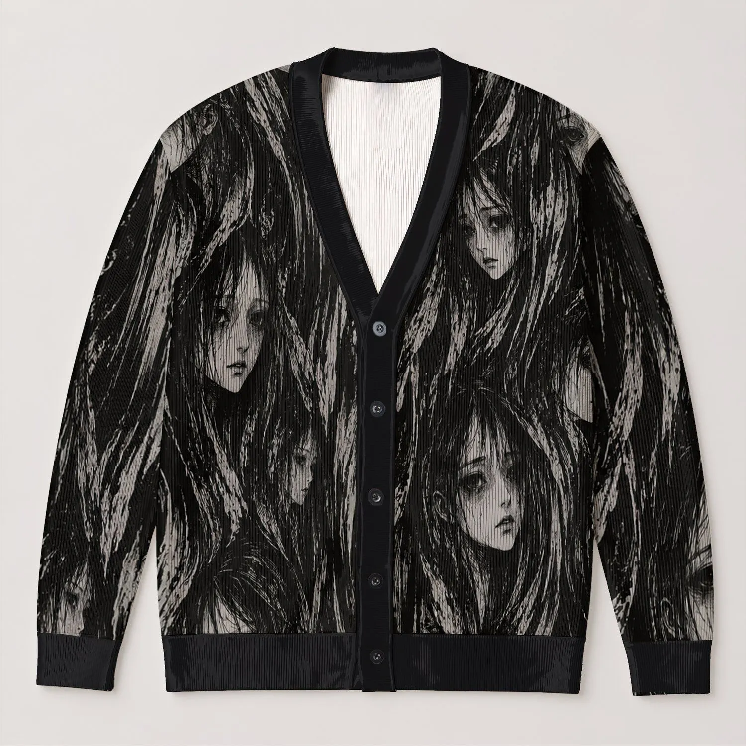 Manga Ghost Faces for Eerie Everyday Layering and Spooky Streetwear Style for Teens All-over Print Knitted Cardigan - 1