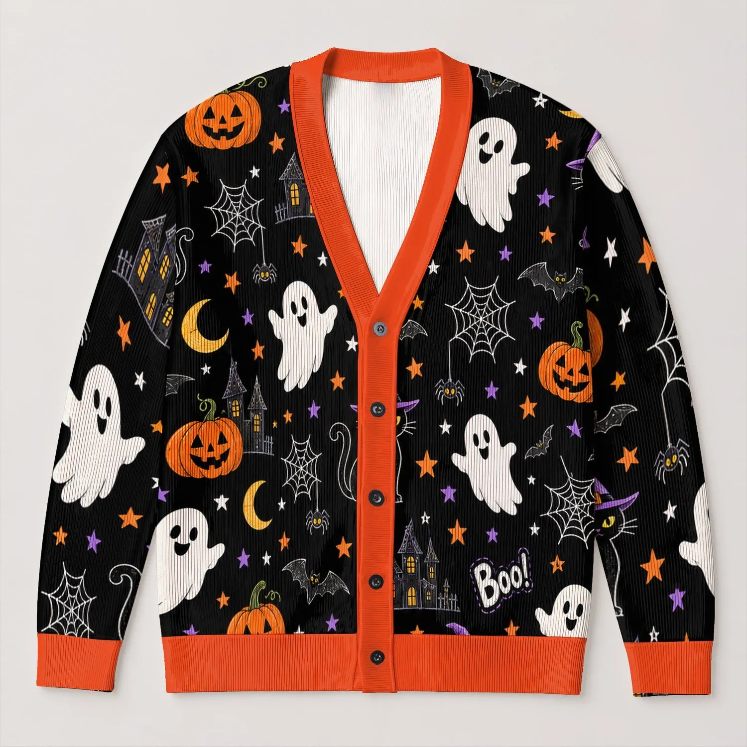 Cute Halloween Ghosts, Pumpkins and Witch Cat for Spooky Autumn Festivities All-over Print Knitted Cardigan - 1
