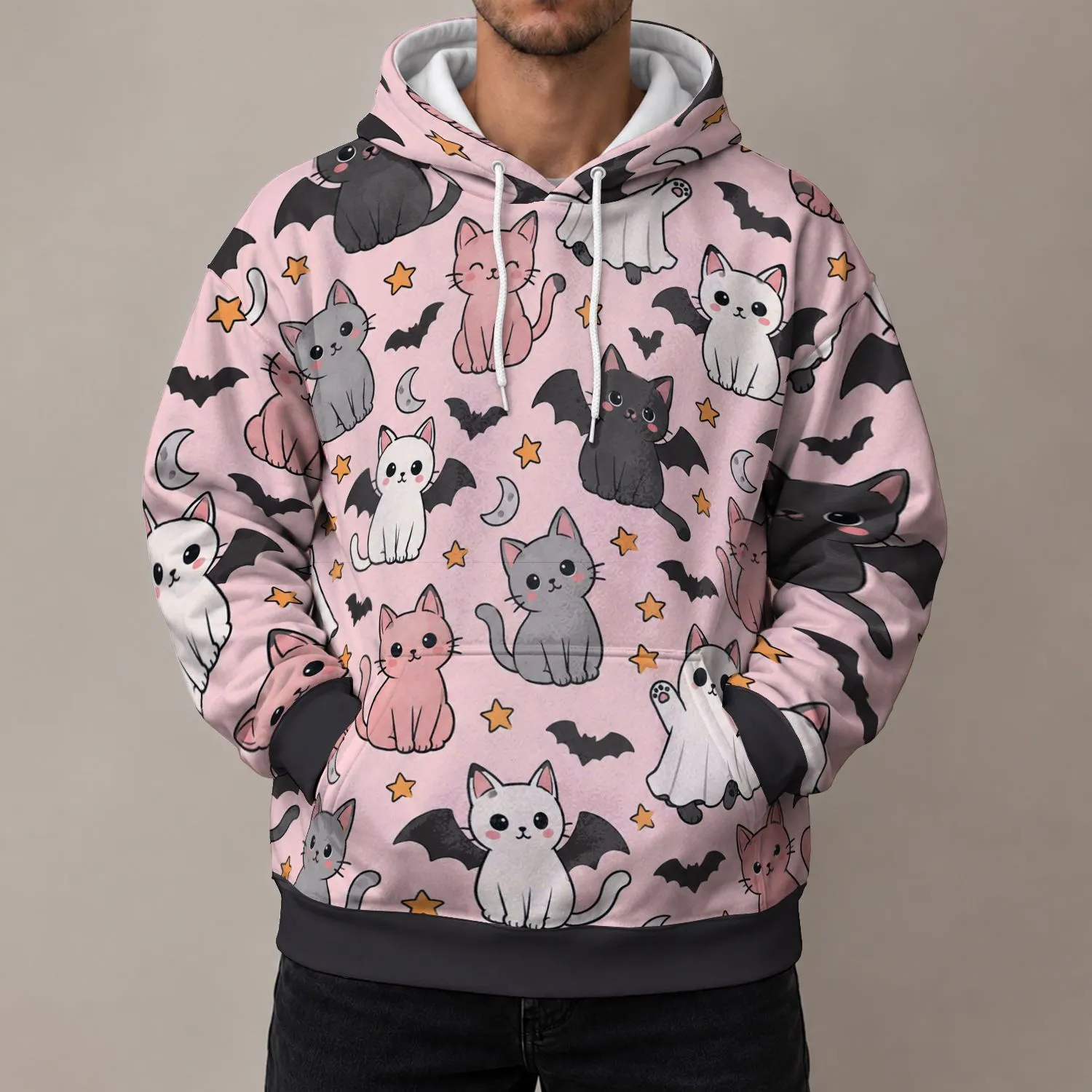 Cute Cats and Bats for Halloween Parties, Cozy Autumn Nights and Cat Lovers Everywhere All-over Print Hoodie (Lightweight) - 1