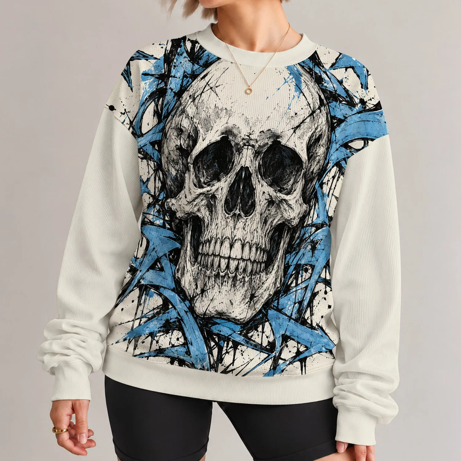 Blue Skull Streetwear Style for Hip-Hop Nights, Concerts and Casual Autumn Looks All-over Print Knitted Sweater - 1