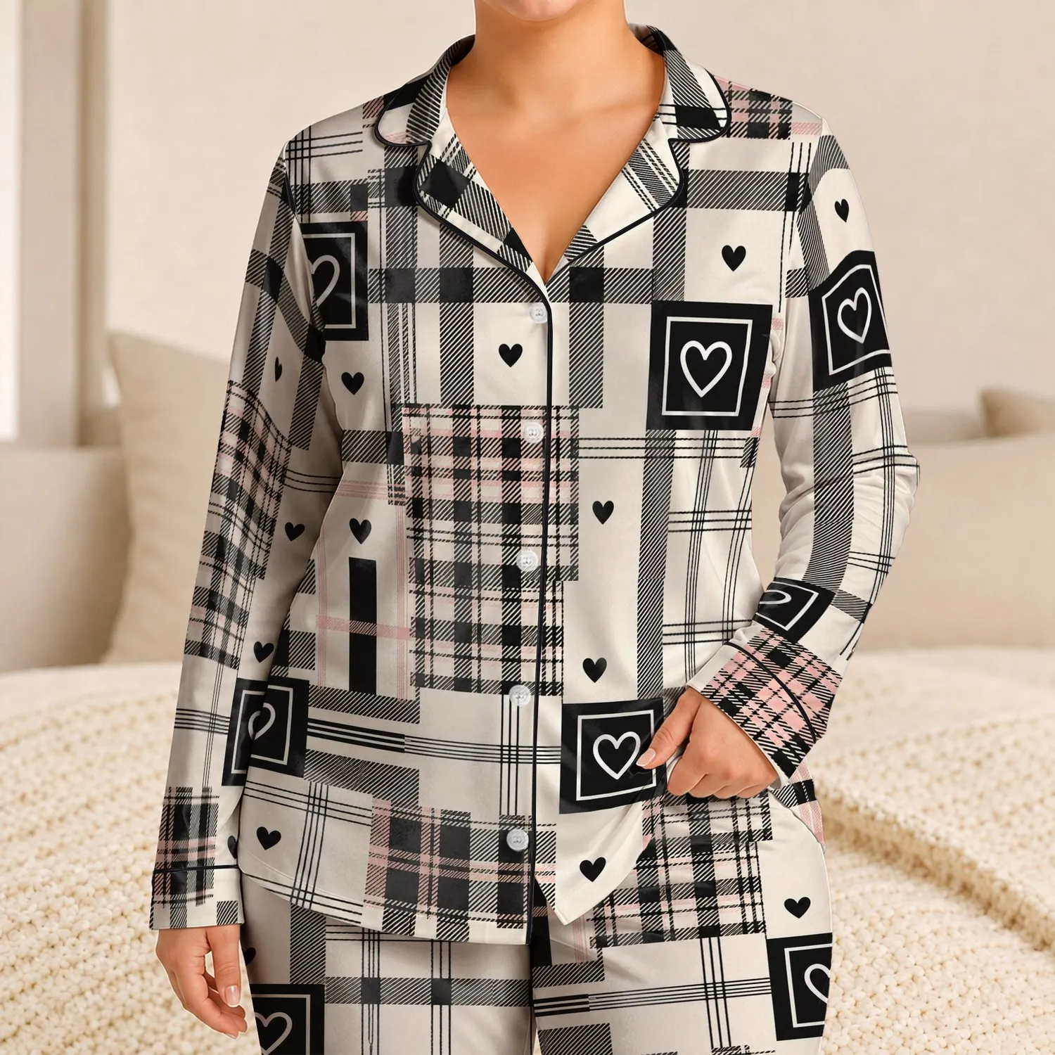 Black Heart Plaid Patchwork Lounge Set for Cozy Valentine's Day Evenings and Gifts Satin Pajamas Set - 1