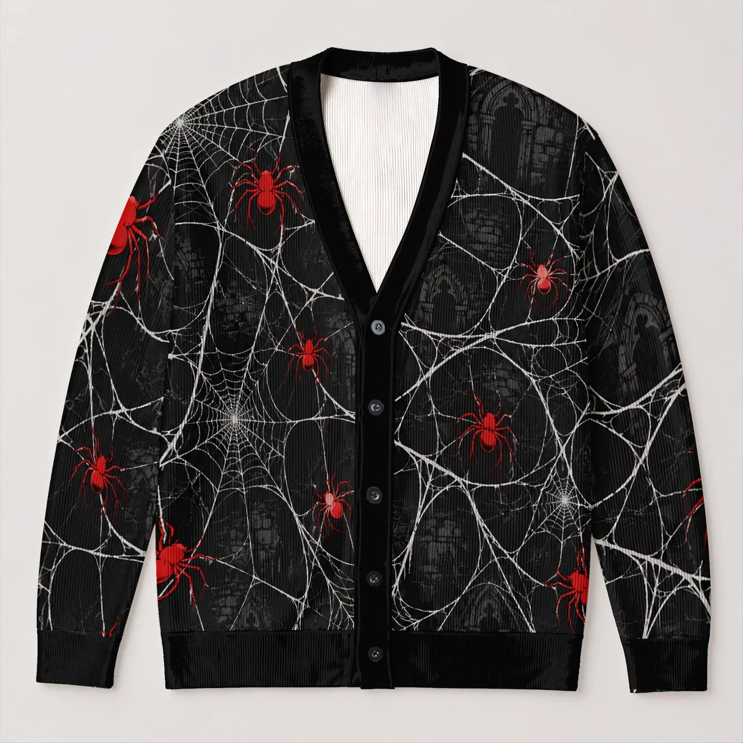 Red Spiders and White Webs for Spooky Season Style and Gothic Teen Looks All-over Print Knitted Cardigan - 1