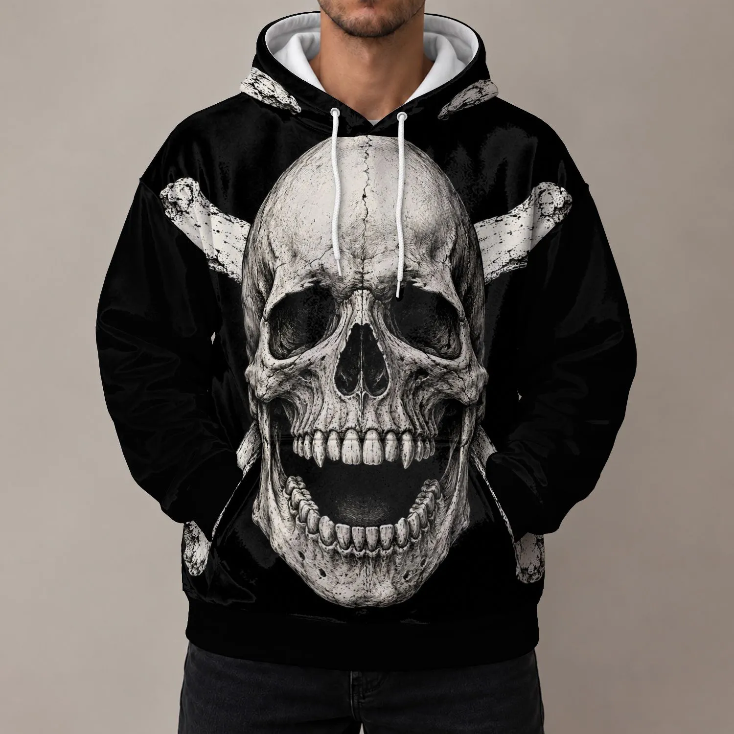 Detailed Etched Skull and Crossbones for Alternative Casual Style and Everyday Wear All-over Print Hoodie (Lightweight) - 1