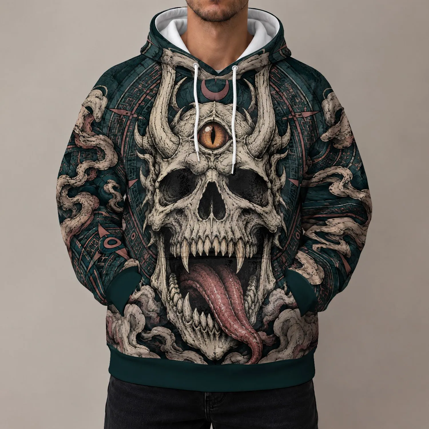 Eerie One-Eyed Skull and Smoke for Alternative Nightlife and Bold Streetwear Enthusiasts All-over Print Hoodie (Lightweight) - 1