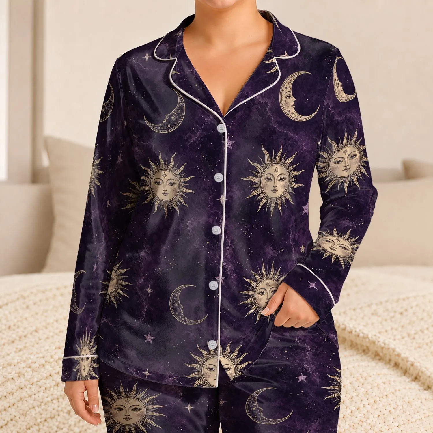 Women's Celestial Sun Moon Constellation for Relaxed Bedtime Lounging and Easy Rest Satin Pajamas Set - 1