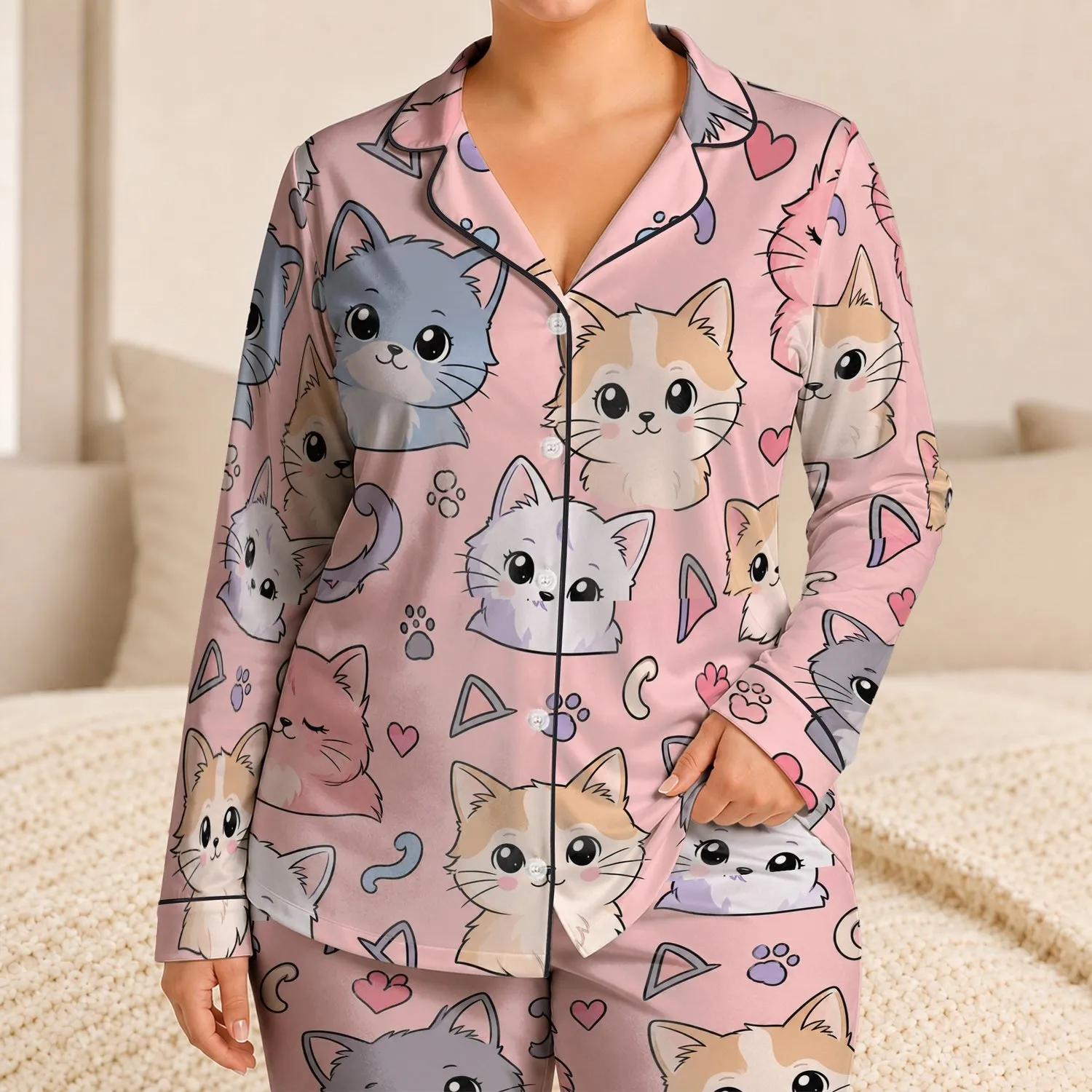 Cute Sleepy Cat Faces on Blush Pink Bedtime Style for Women and Cat Lover Gift Ideas Satin Pajamas Set - 1