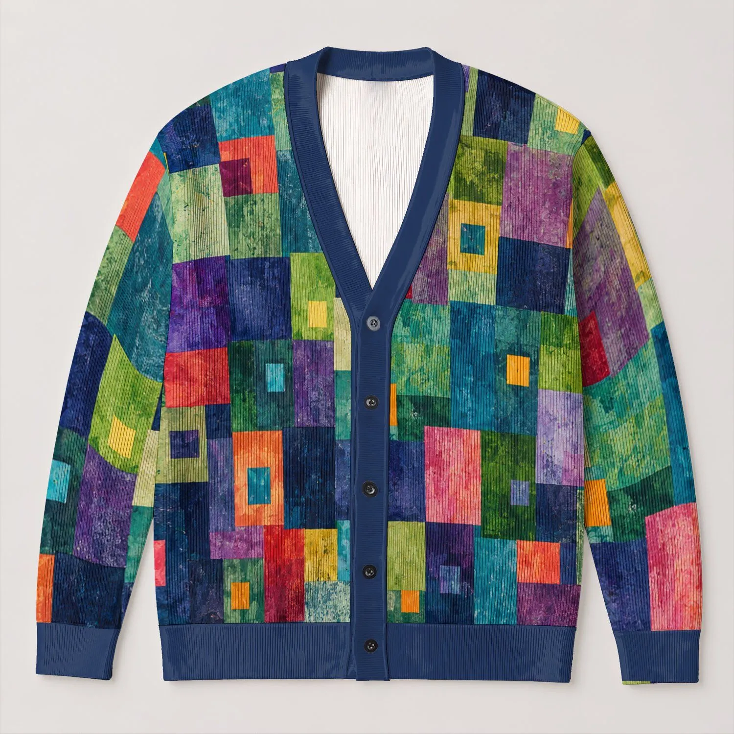 Multicolor Geometric Mosaic Squares for Creative Everyday Layering All-over Print Knitted Cardigan - 1