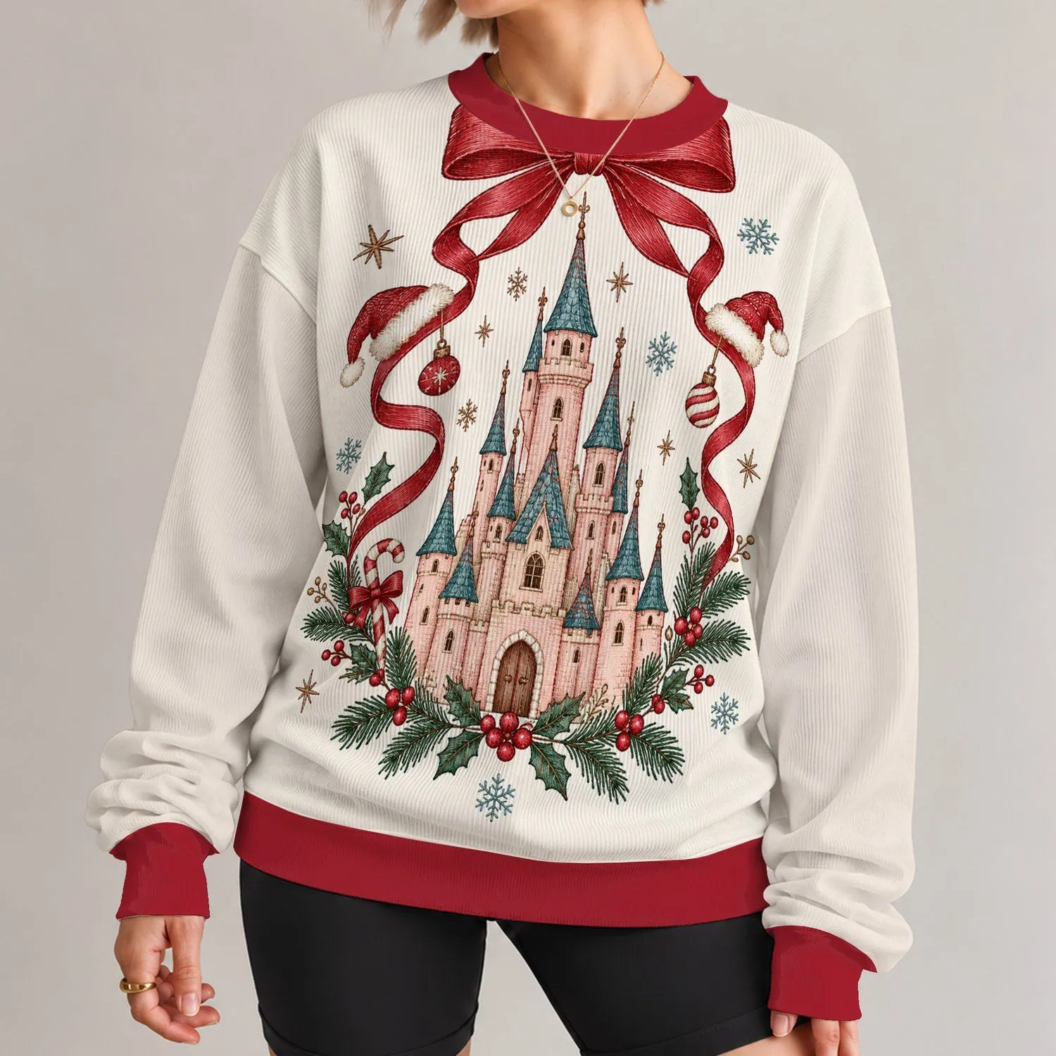 Pink Fairytale Castle Bow And Holly For A Whimsical Christmas Holiday Getaway Gift All-over Print Knitted Sweater - 1