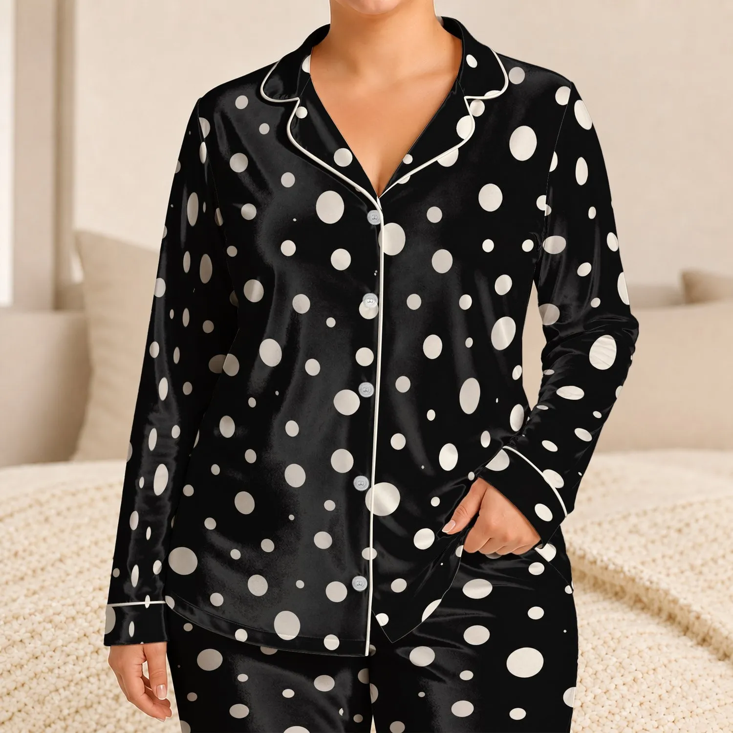 Ivory Polka Dots on Charcoal Black for Cozy Lounging, Resort Getaways and Gifting Satin Pajamas Set - 1